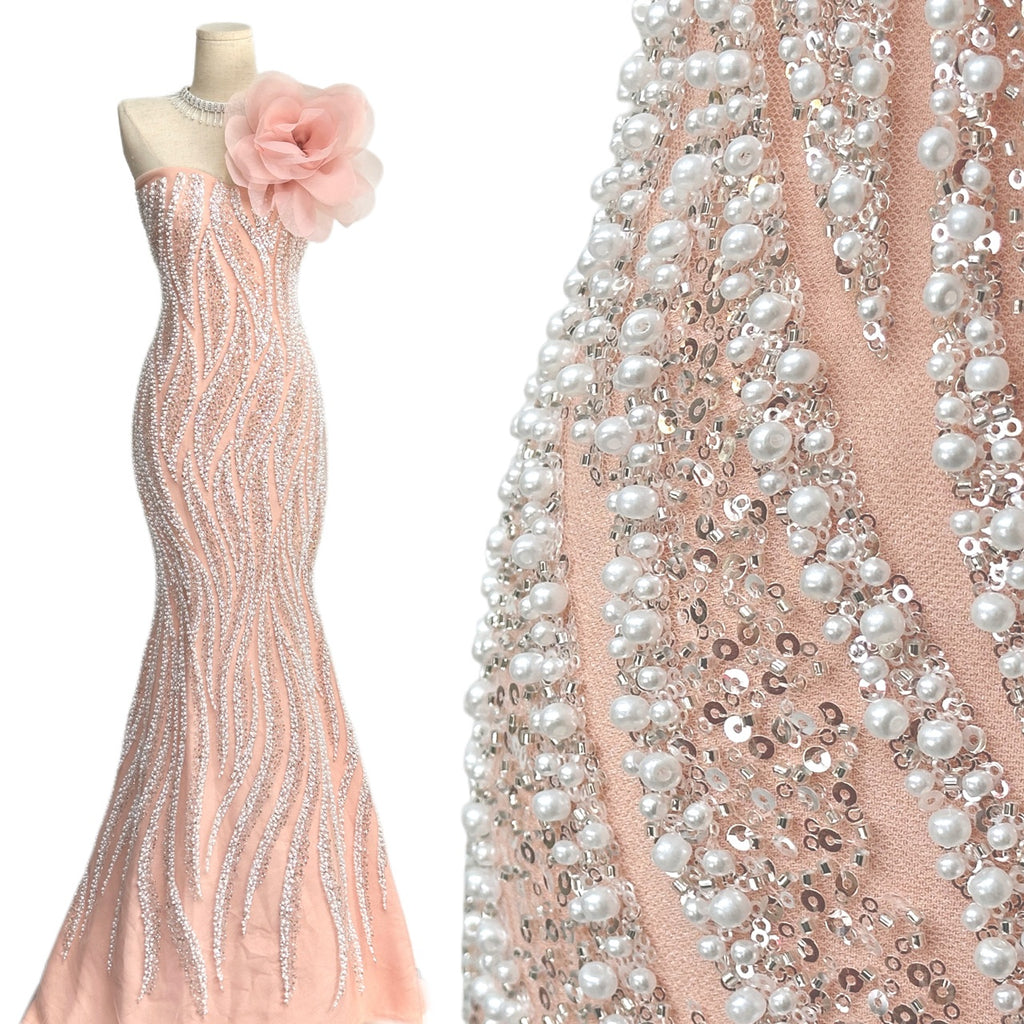 Heavy Beaded Lace Fabric Pearl Sequined Geometric Wave Design Allover Embroidered Lace Fabric for Evening Dresses BLS6549#
