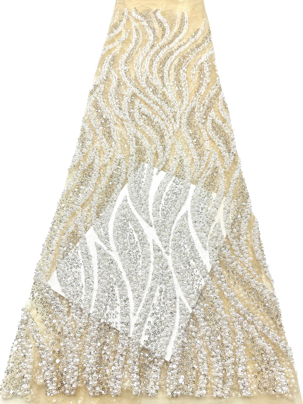 Heavy Beaded Lace Fabric Pearl Sequined Geometric Wave Design Allover Embroidered Lace Fabric for Evening Dresses BLS6549#