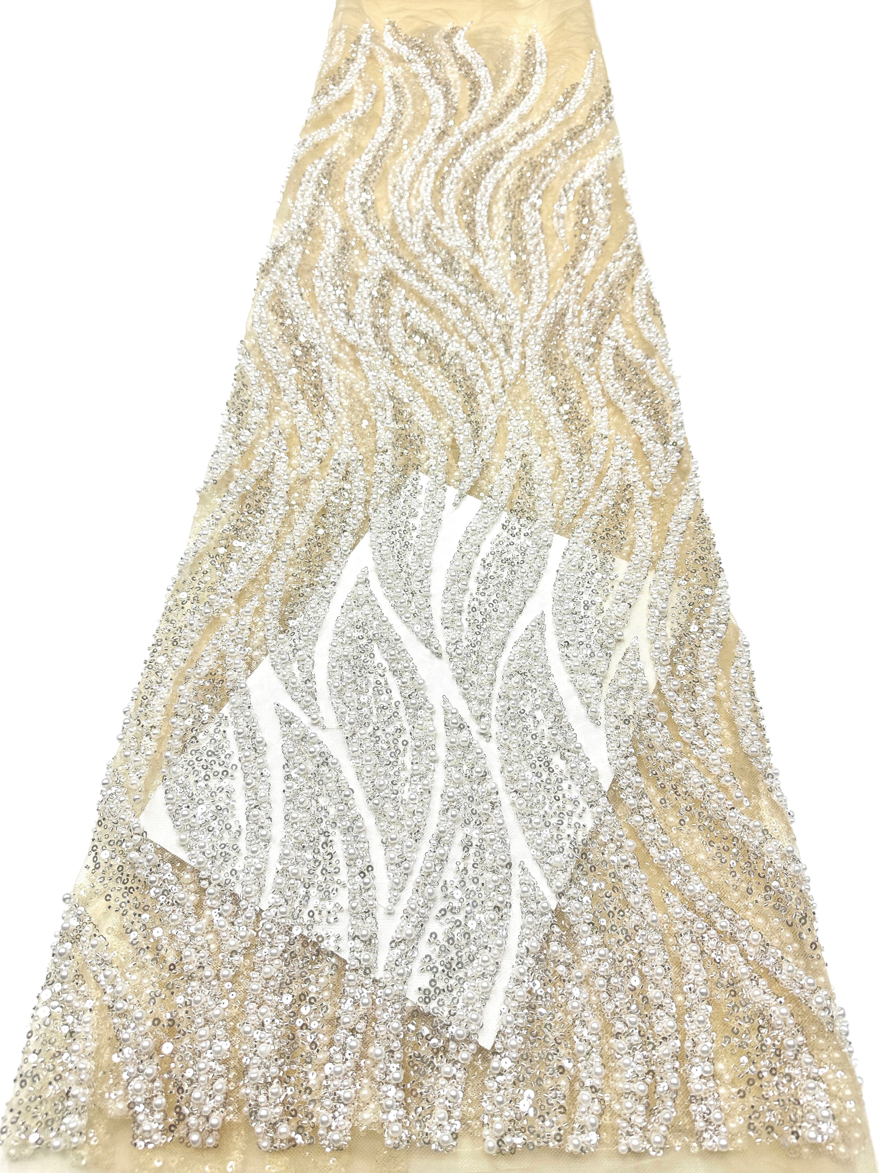 Heavy Beaded Lace Fabric Pearl Sequined Geometric Wave Design Allover Embroidered Lace Fabric for Evening Dresses BLS6549#