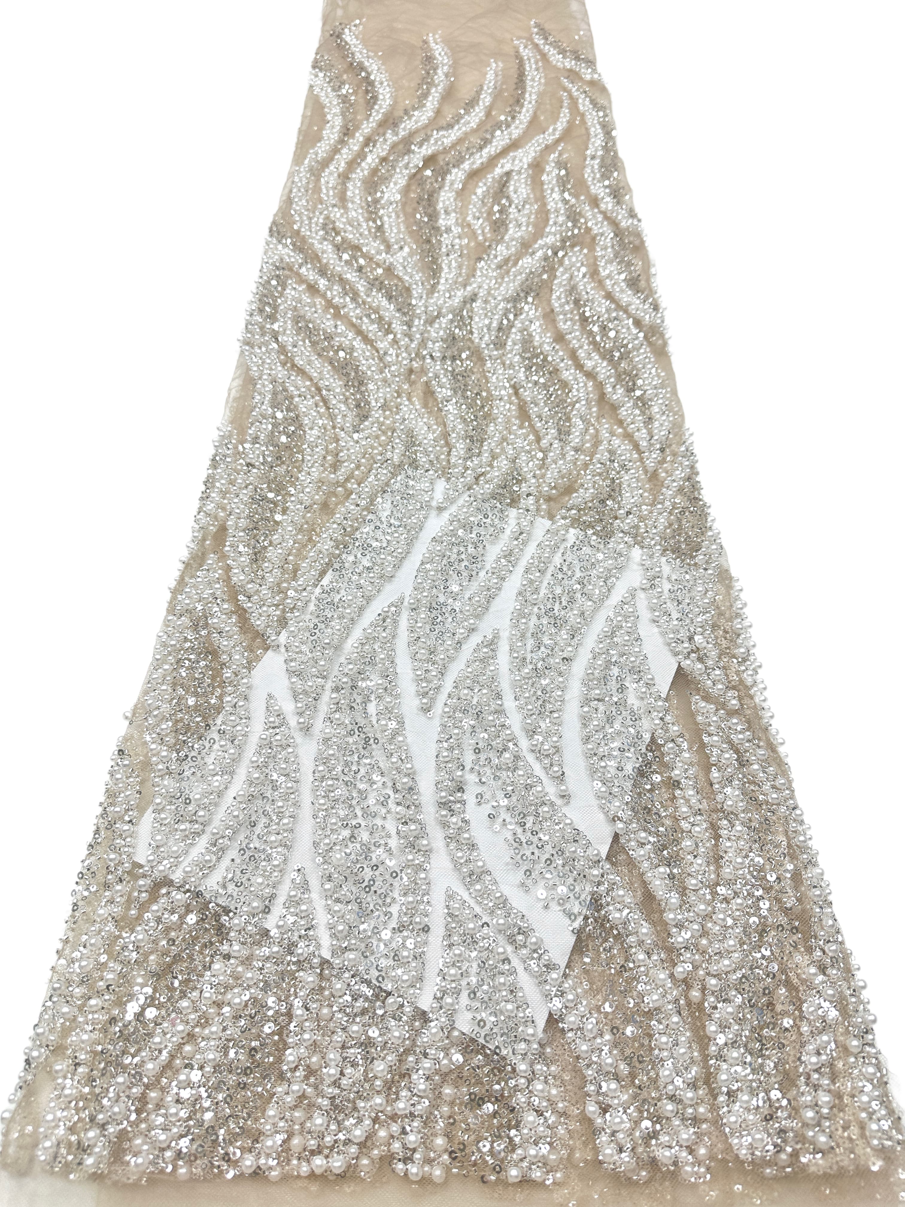 Heavy Beaded Lace Fabric Pearl Sequined Geometric Wave Design Allover Embroidered Lace Fabric for Evening Dresses BLS6549#