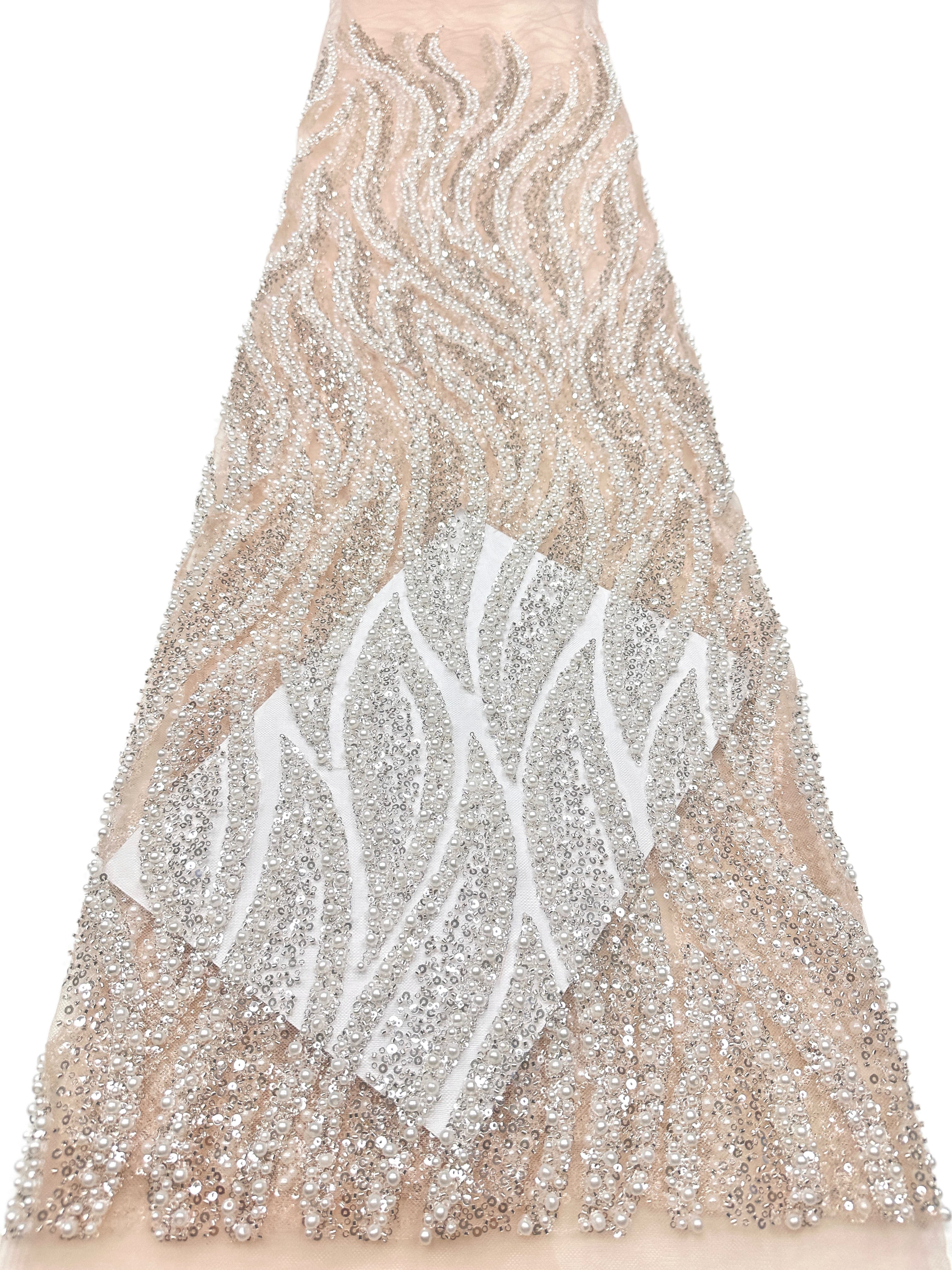 Heavy Beaded Lace Fabric Pearl Sequined Geometric Wave Design Allover Embroidered Lace Fabric for Evening Dresses BLS6549#