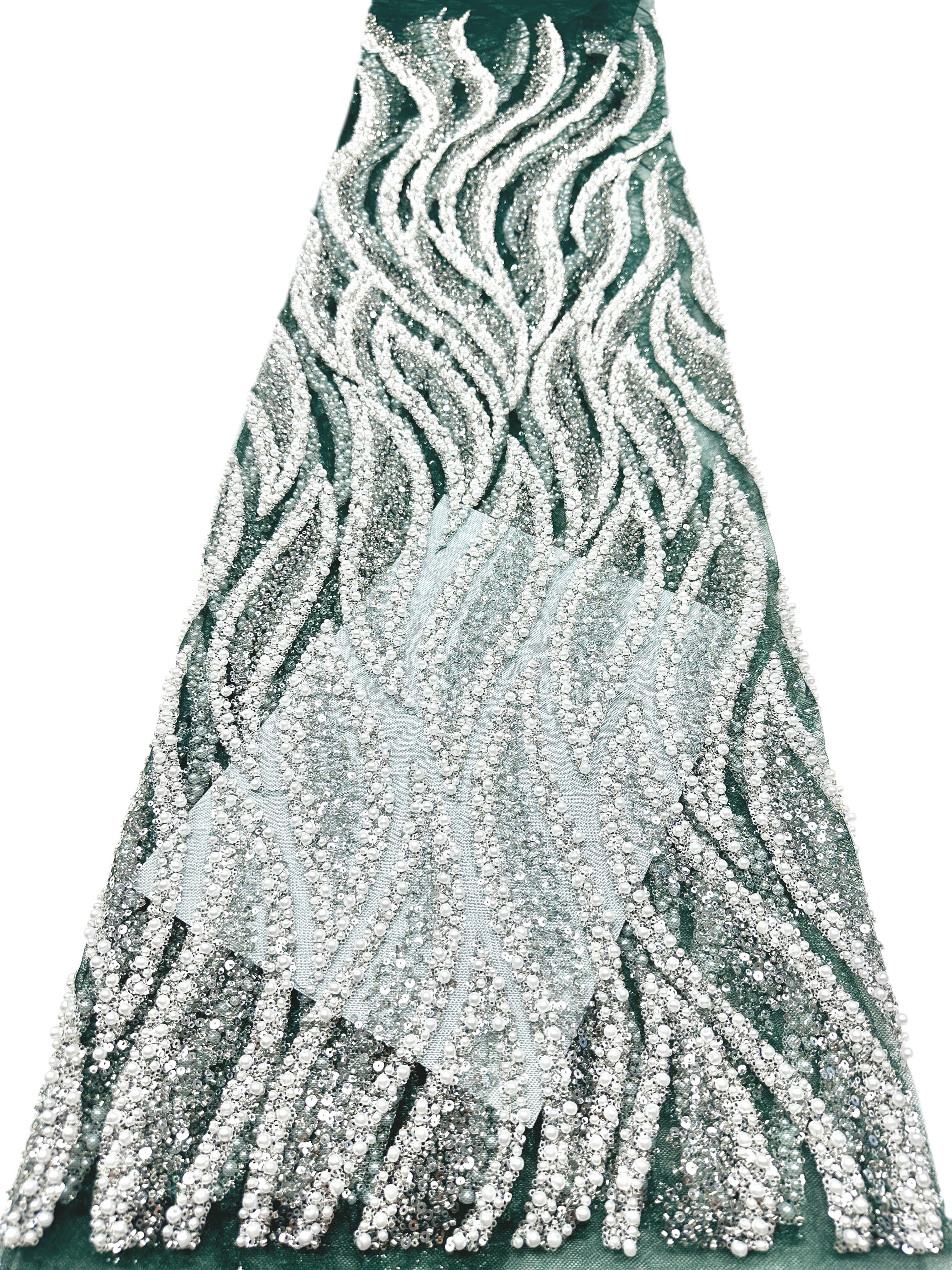 Heavy Beaded Lace Fabric Pearl Sequined Geometric Wave Design Allover Embroidered Lace Fabric for Evening Dresses BLS6549#