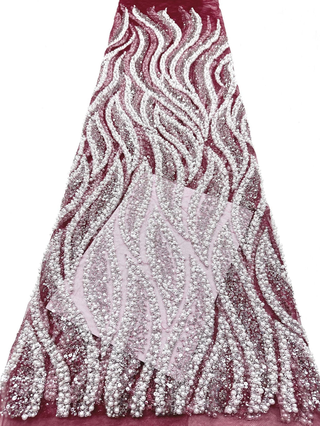 Heavy Beaded Lace Fabric Pearl Sequined Geometric Wave Design Allover Embroidered Lace Fabric for Evening Dresses BLS6549#