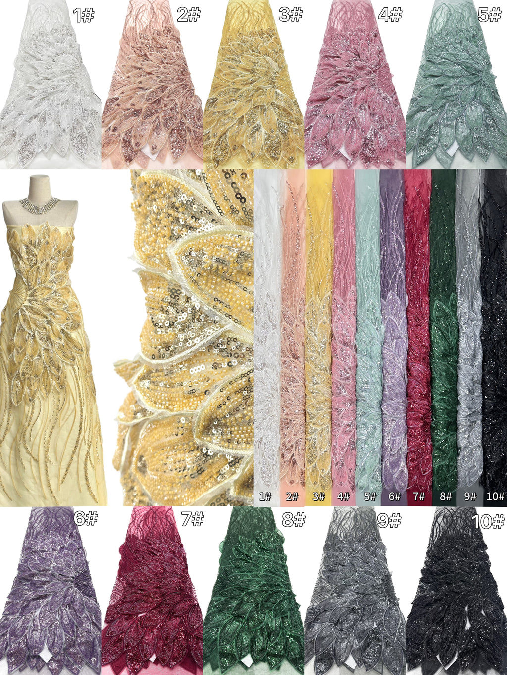 Heavy Beaded Feather Lace Fabric Gold Sequined Embroidered Allover Fabric for Evening Dress Bridal Gown BLS6550#