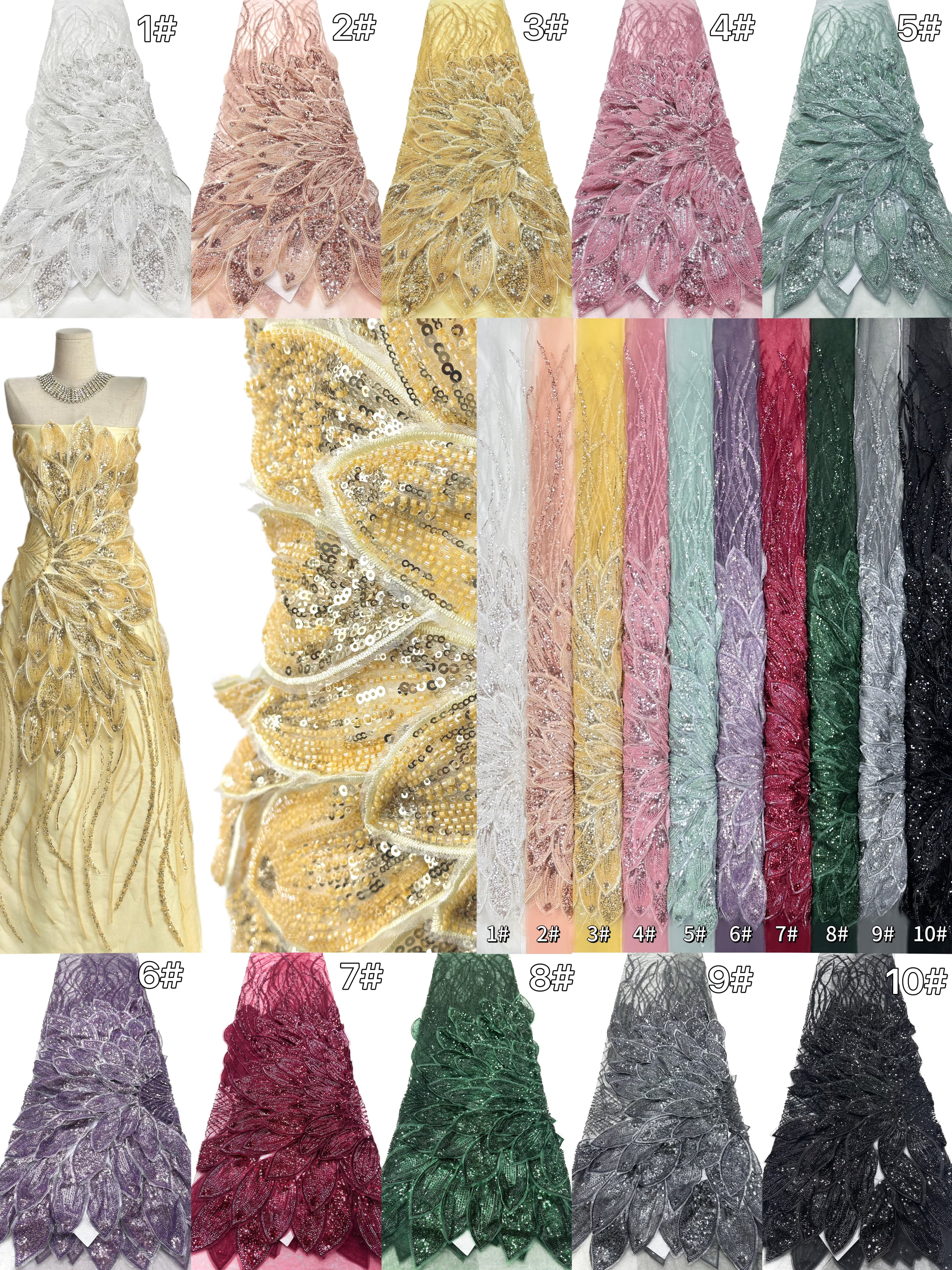 Heavy Beaded Feather Lace Fabric Gold Sequined Embroidered Allover Fabric for Evening Dress Bridal Gown BLS6550#