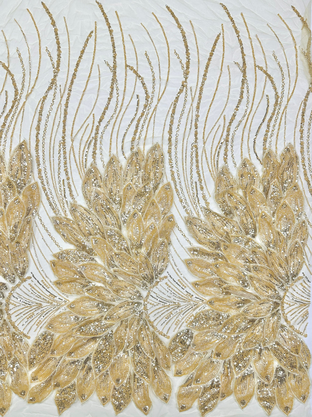 Heavy Beaded Feather Lace Fabric Gold Sequined Embroidered Allover Fabric for Evening Dress Bridal Gown BLS6550#