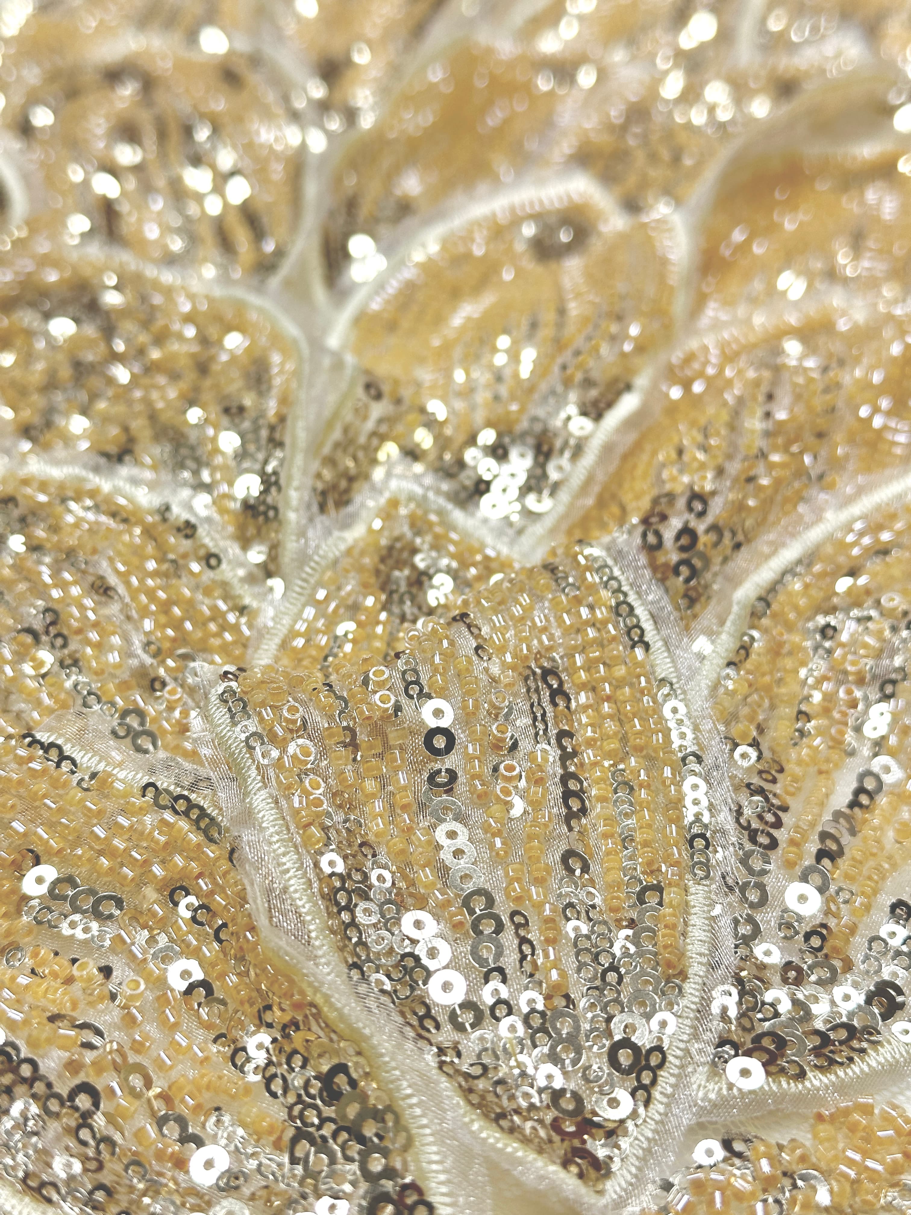 Heavy Beaded Feather Lace Fabric Gold Sequined Embroidered Allover Fabric for Evening Dress Bridal Gown BLS6550#