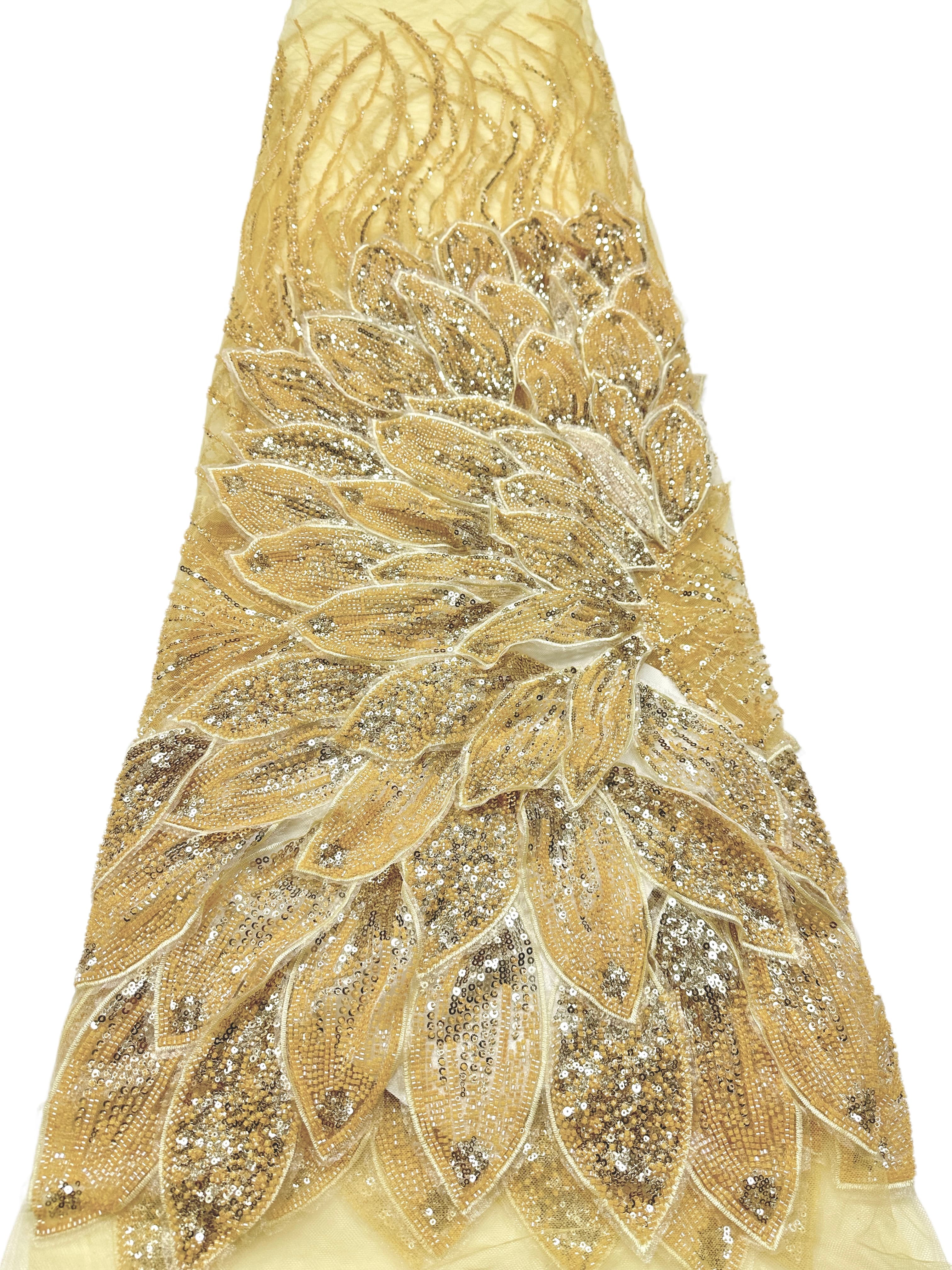 Heavy Beaded Feather Lace Fabric Gold Sequined Embroidered Allover Fabric for Evening Dress Bridal Gown BLS6550#