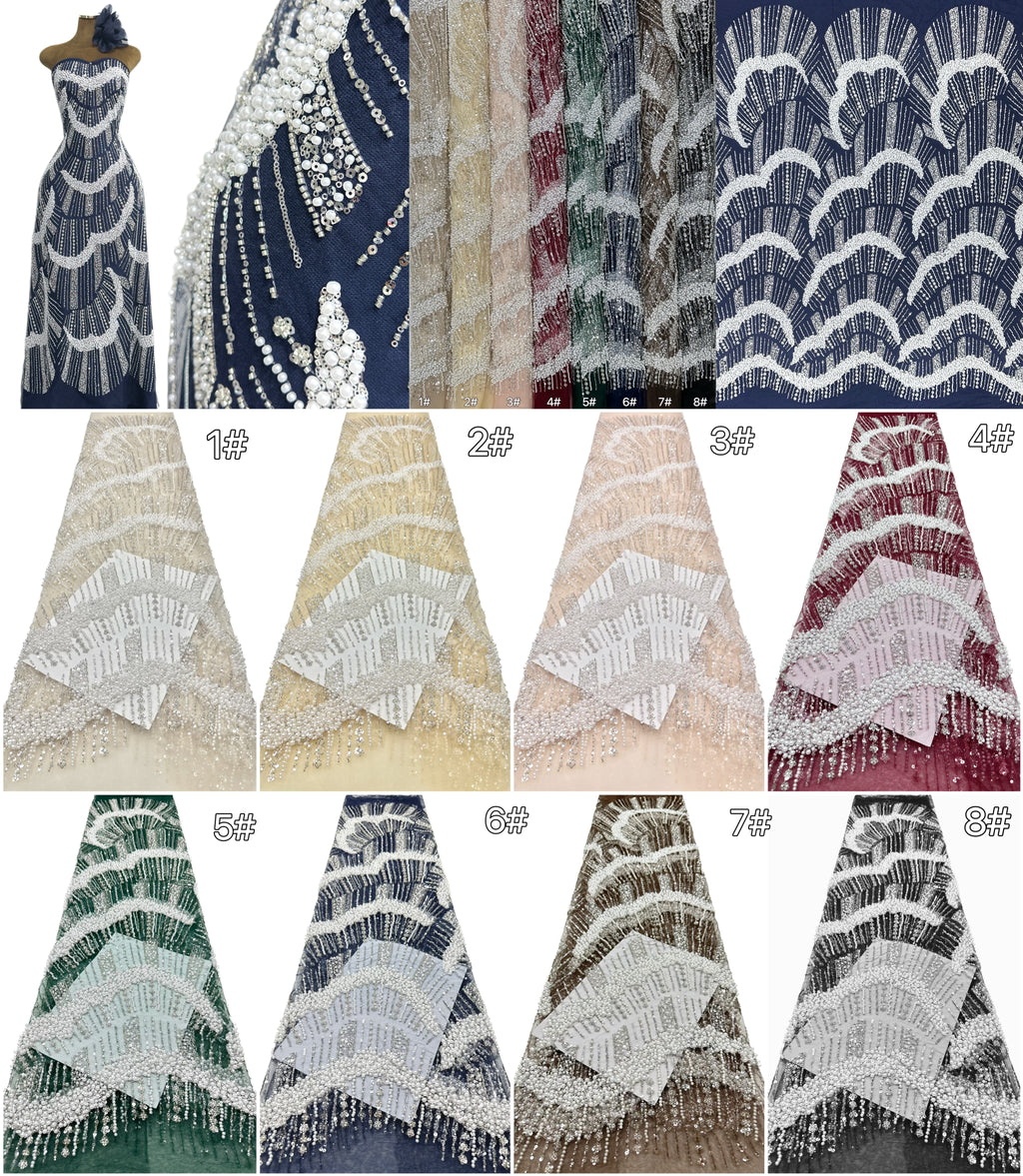 Heavy Pearl Beaded Sequined Embroidered Lace Fabric Geometric Wave Arc Pattern Navy Blue Tulle Lace for Evening Dresses BLS6552#
