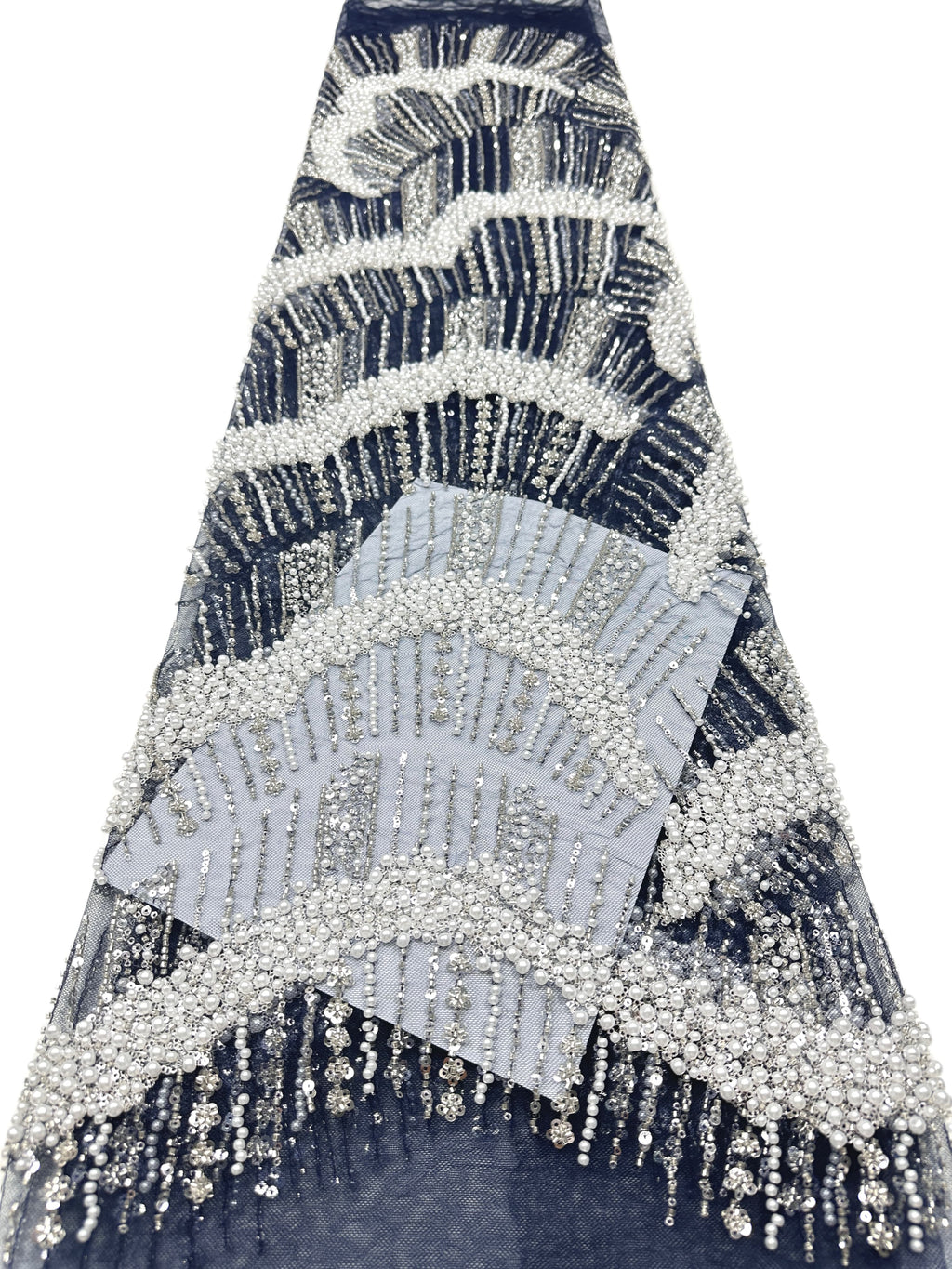 Heavy Pearl Beaded Sequined Embroidered Lace Fabric Geometric Wave Arc Pattern Navy Blue Tulle Lace for Evening Dresses BLS6552#