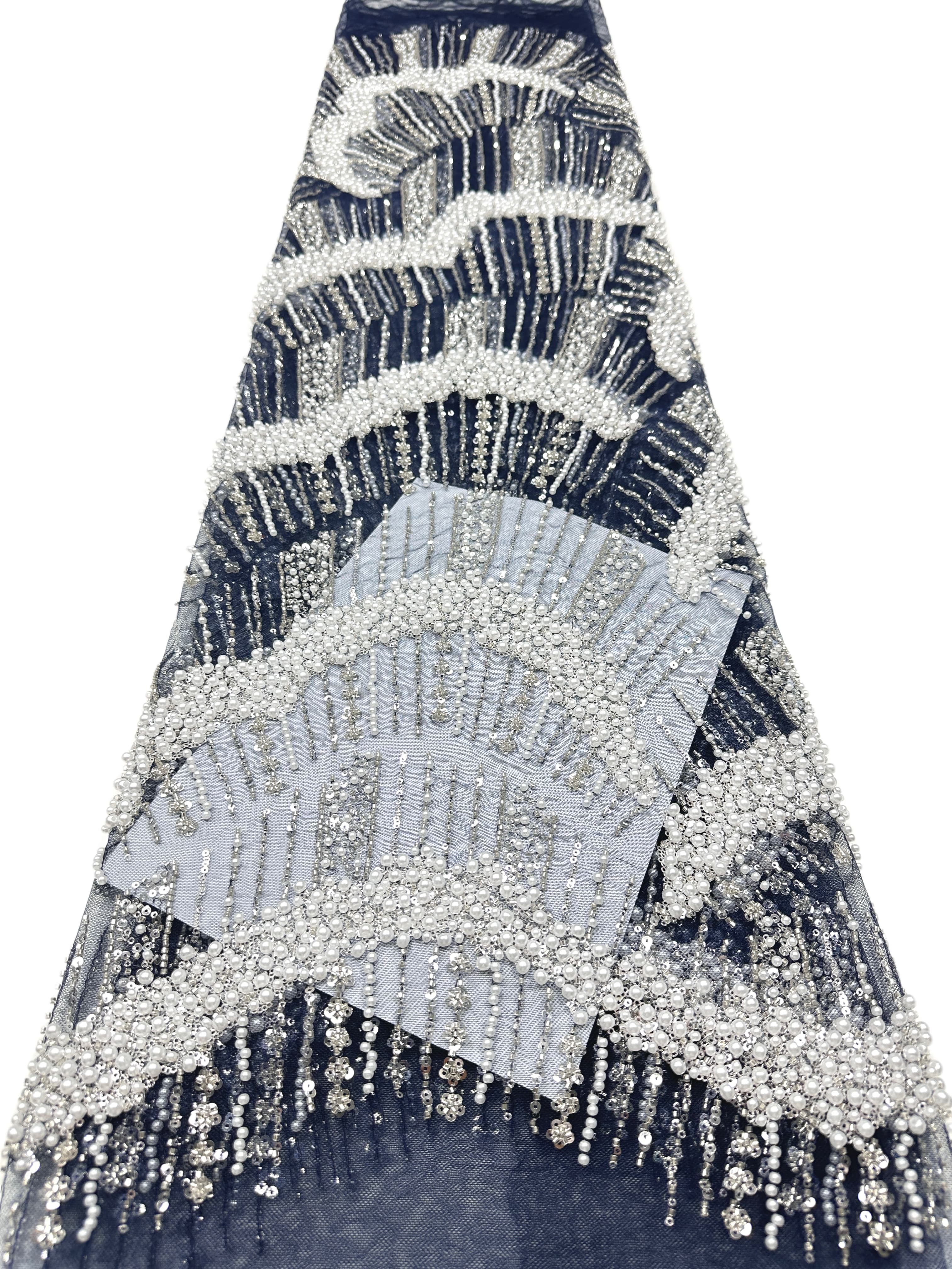 Heavy Pearl Beaded Sequined Embroidered Lace Fabric Geometric Wave Arc Pattern Navy Blue Tulle Lace for Evening Dresses BLS6552#