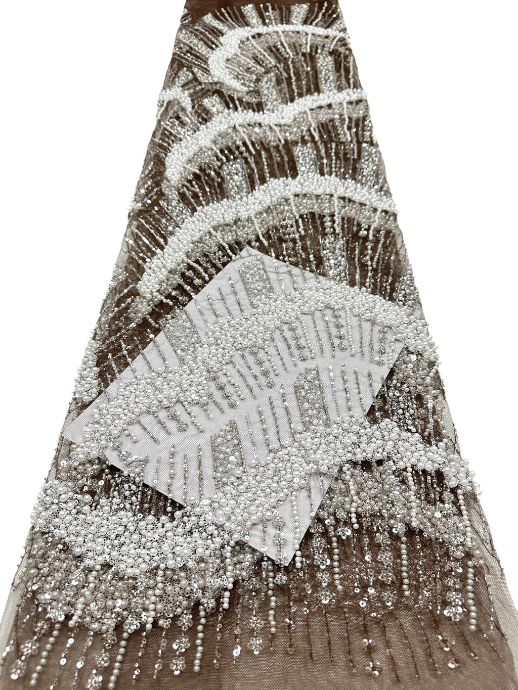 Heavy Pearl Beaded Sequined Embroidered Lace Fabric Geometric Wave Arc Pattern Navy Blue Tulle Lace for Evening Dresses BLS6552#