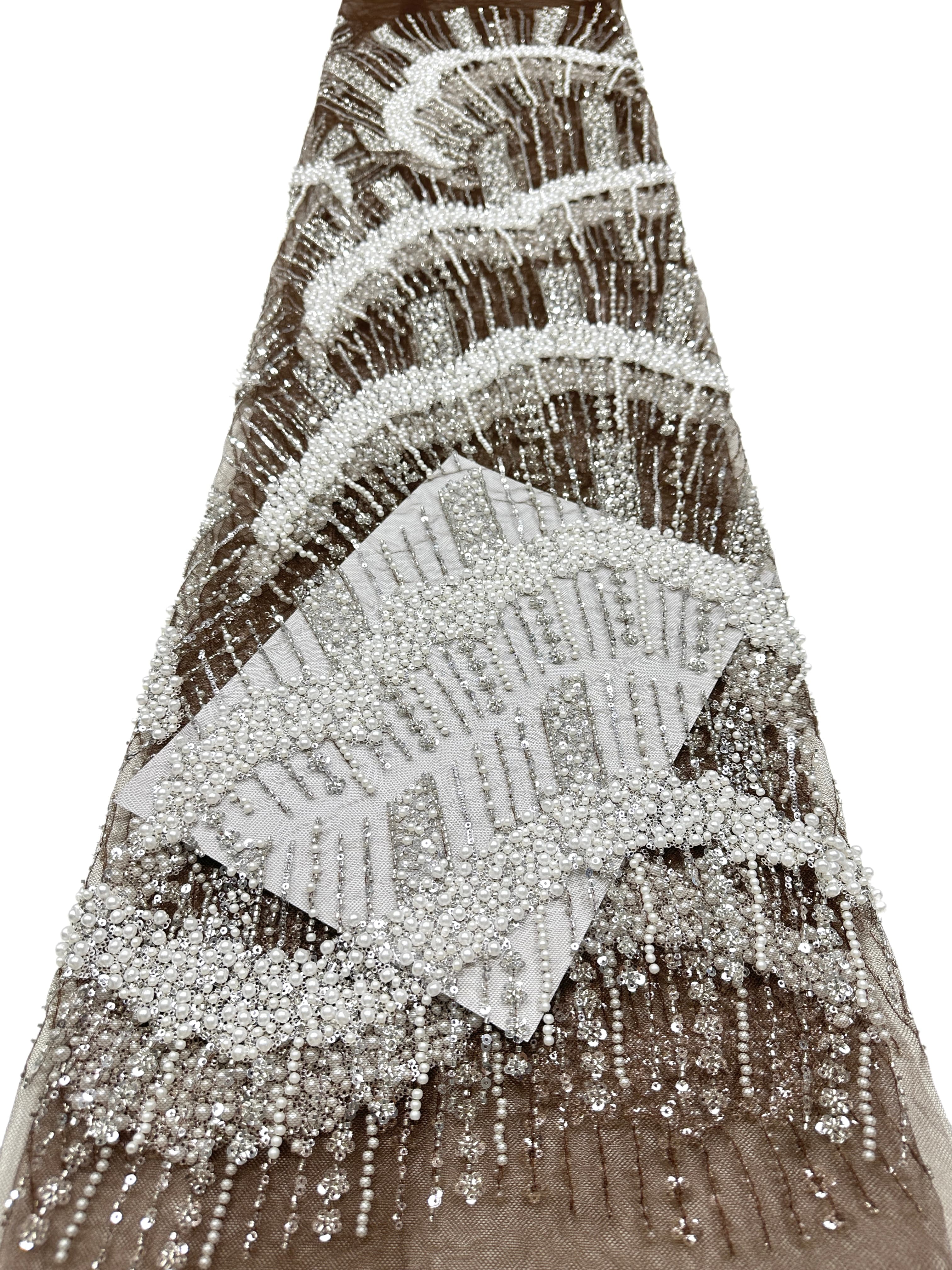 Heavy Pearl Beaded Sequined Embroidered Lace Fabric Geometric Wave Arc Pattern Navy Blue Tulle Lace for Evening Dresses BLS6552#