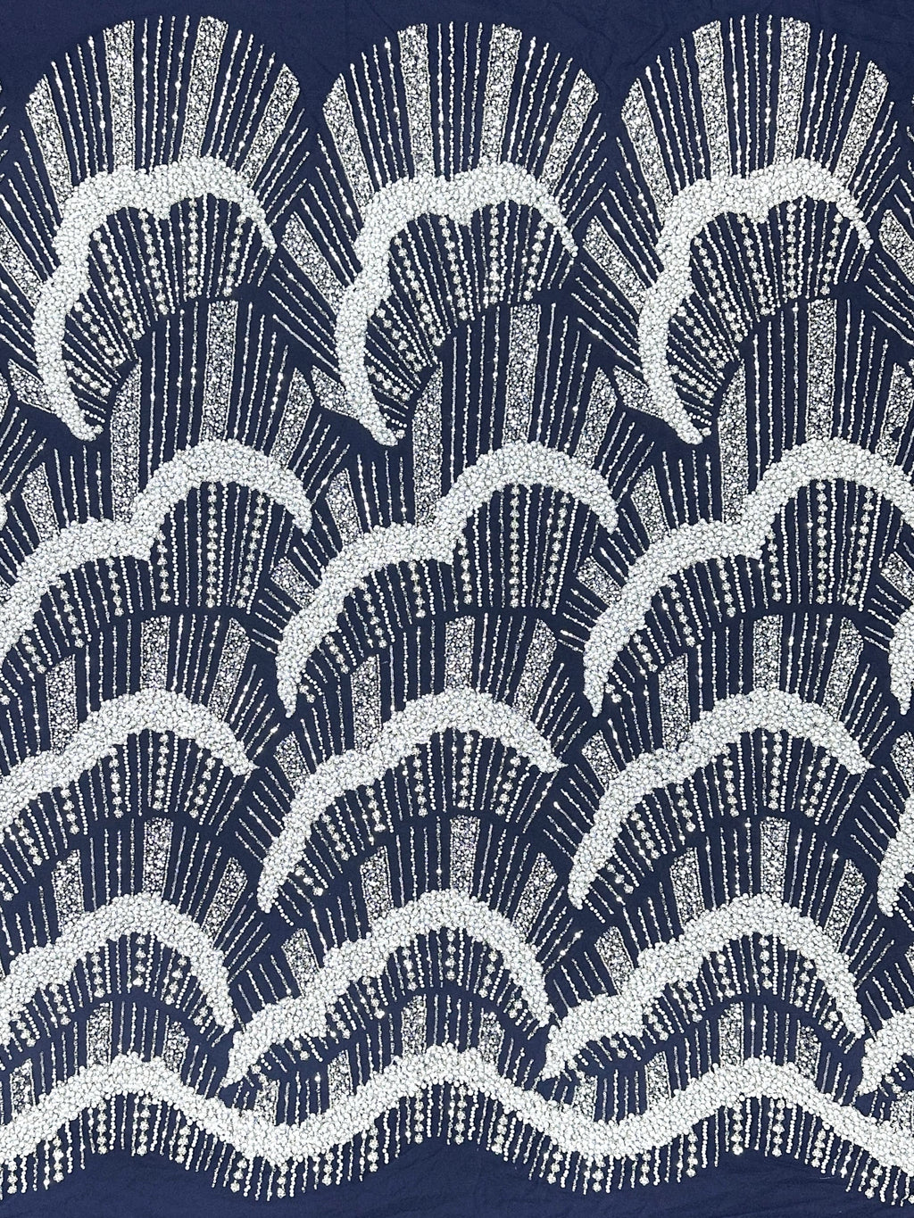Heavy Pearl Beaded Sequined Embroidered Lace Fabric Geometric Wave Arc Pattern Navy Blue Tulle Lace for Evening Dresses BLS6552#