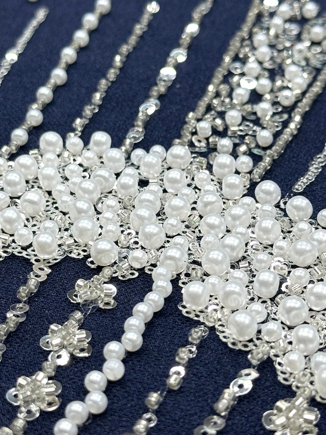 Heavy Pearl Beaded Sequined Embroidered Lace Fabric Geometric Wave Arc Pattern Navy Blue Tulle Lace for Evening Dresses BLS6552#