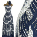 Heavy Pearl Beaded Sequined Embroidered Lace Fabric Geometric Wave Arc Pattern Navy Blue Tulle Lace for Evening Dresses BLS6552#