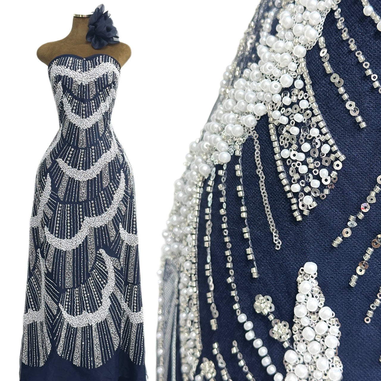 Heavy Pearl Beaded Sequined Embroidered Lace Fabric Geometric Wave Arc Pattern Navy Blue Tulle Lace for Evening Dresses BLS6552#