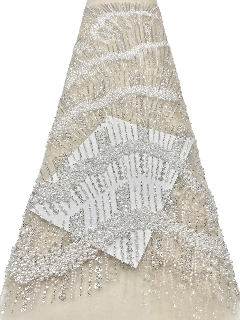 Heavy Pearl Beaded Sequined Embroidered Lace Fabric Geometric Wave Arc Pattern Navy Blue Tulle Lace for Evening Dresses BLS6552#