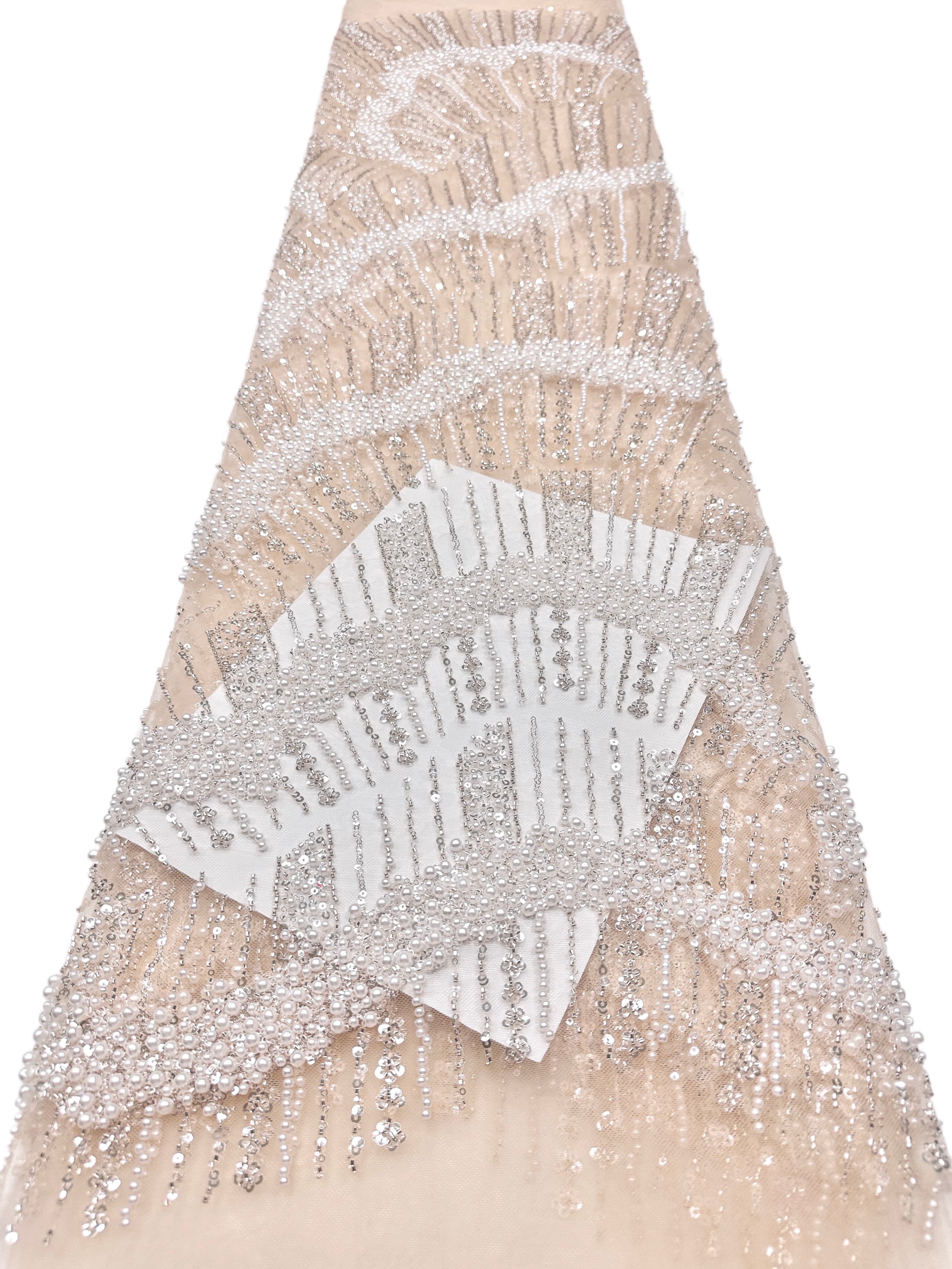Heavy Pearl Beaded Sequined Embroidered Lace Fabric Geometric Wave Arc Pattern Navy Blue Tulle Lace for Evening Dresses BLS6552#