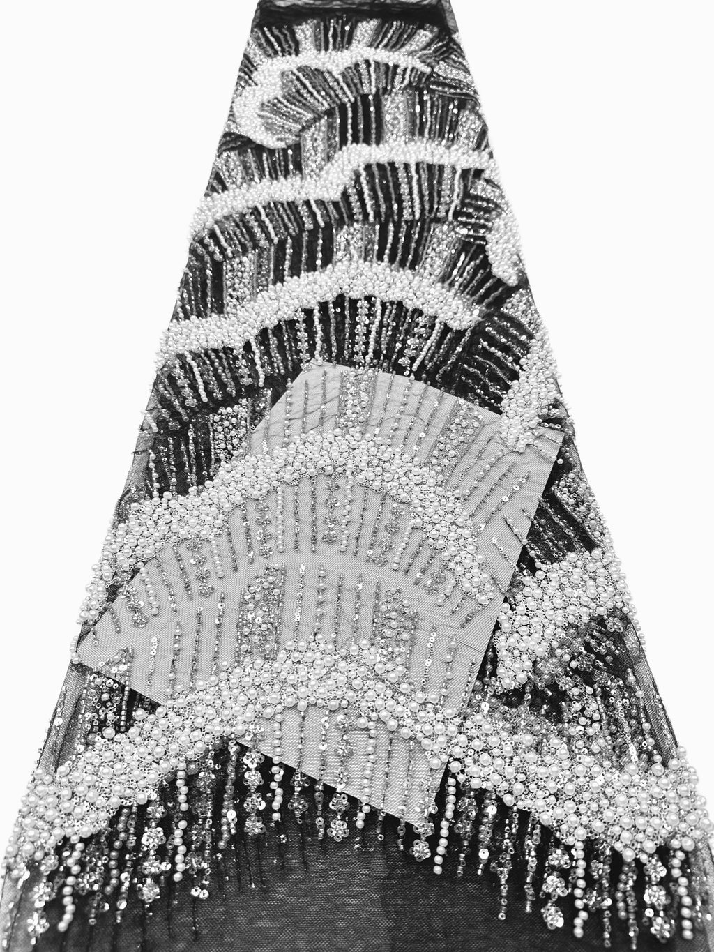 Heavy Pearl Beaded Sequined Embroidered Lace Fabric Geometric Wave Arc Pattern Navy Blue Tulle Lace for Evening Dresses BLS6552#