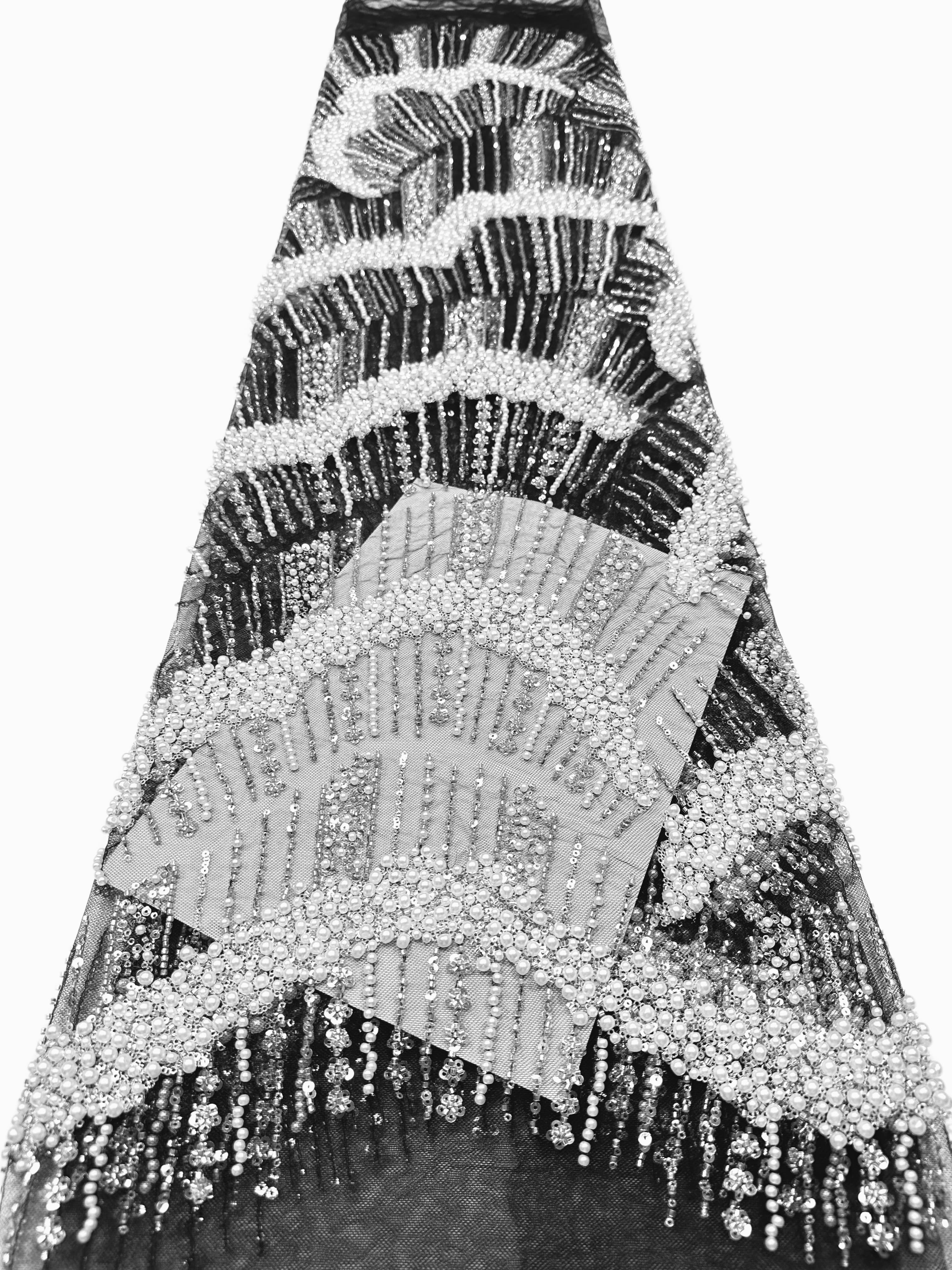 Heavy Pearl Beaded Sequined Embroidered Lace Fabric Geometric Wave Arc Pattern Navy Blue Tulle Lace for Evening Dresses BLS6552#