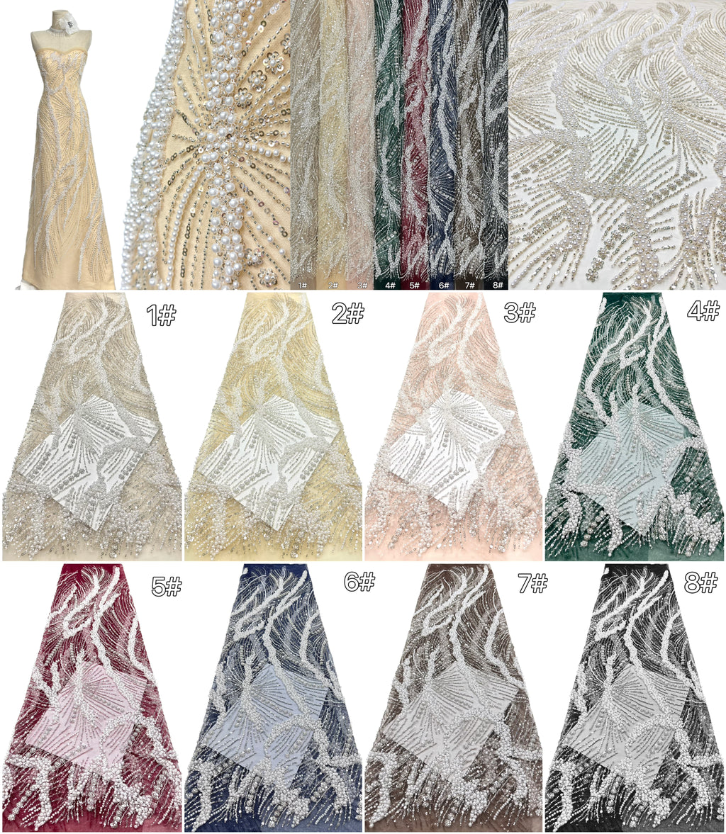 Beaded Pearl Sequined Leaf Vine Embroidered Lace Fabric Allover Tulle Lace for Evening Dresses Wedding Dresses BLS6553#