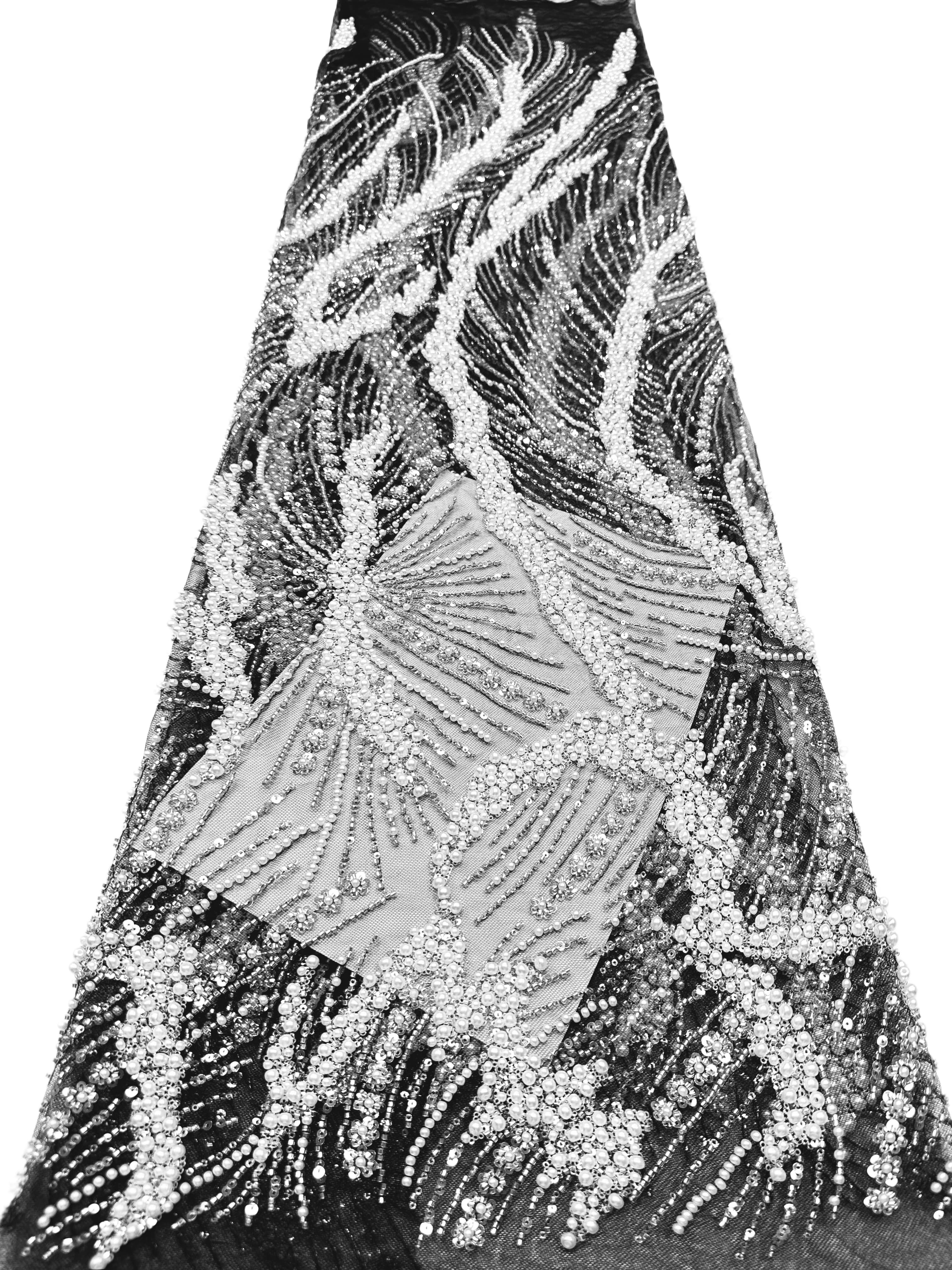 Beaded Pearl Sequined Leaf Vine Embroidered Lace Fabric Allover Tulle Lace for Evening Dresses Wedding Dresses BLS6553#