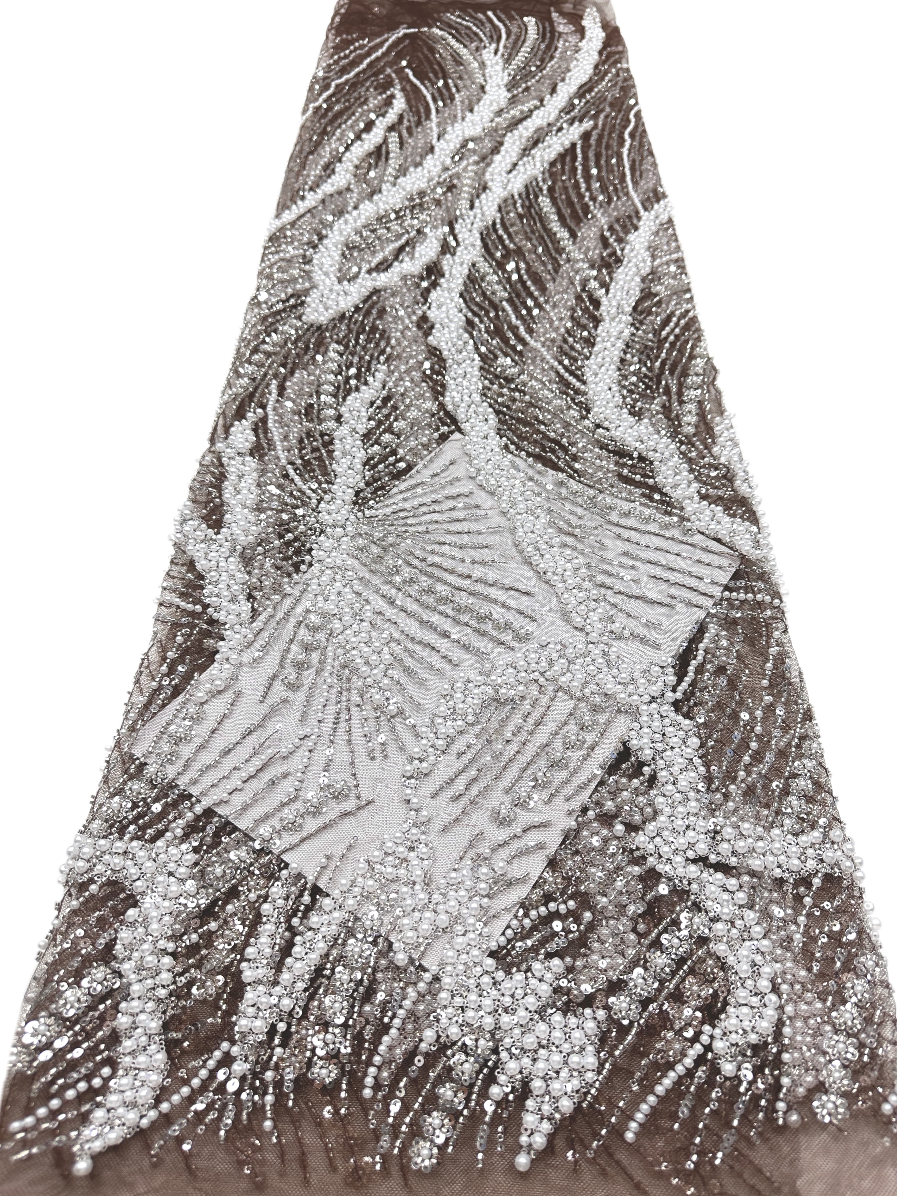Beaded Pearl Sequined Leaf Vine Embroidered Lace Fabric Allover Tulle Lace for Evening Dresses Wedding Dresses BLS6553#