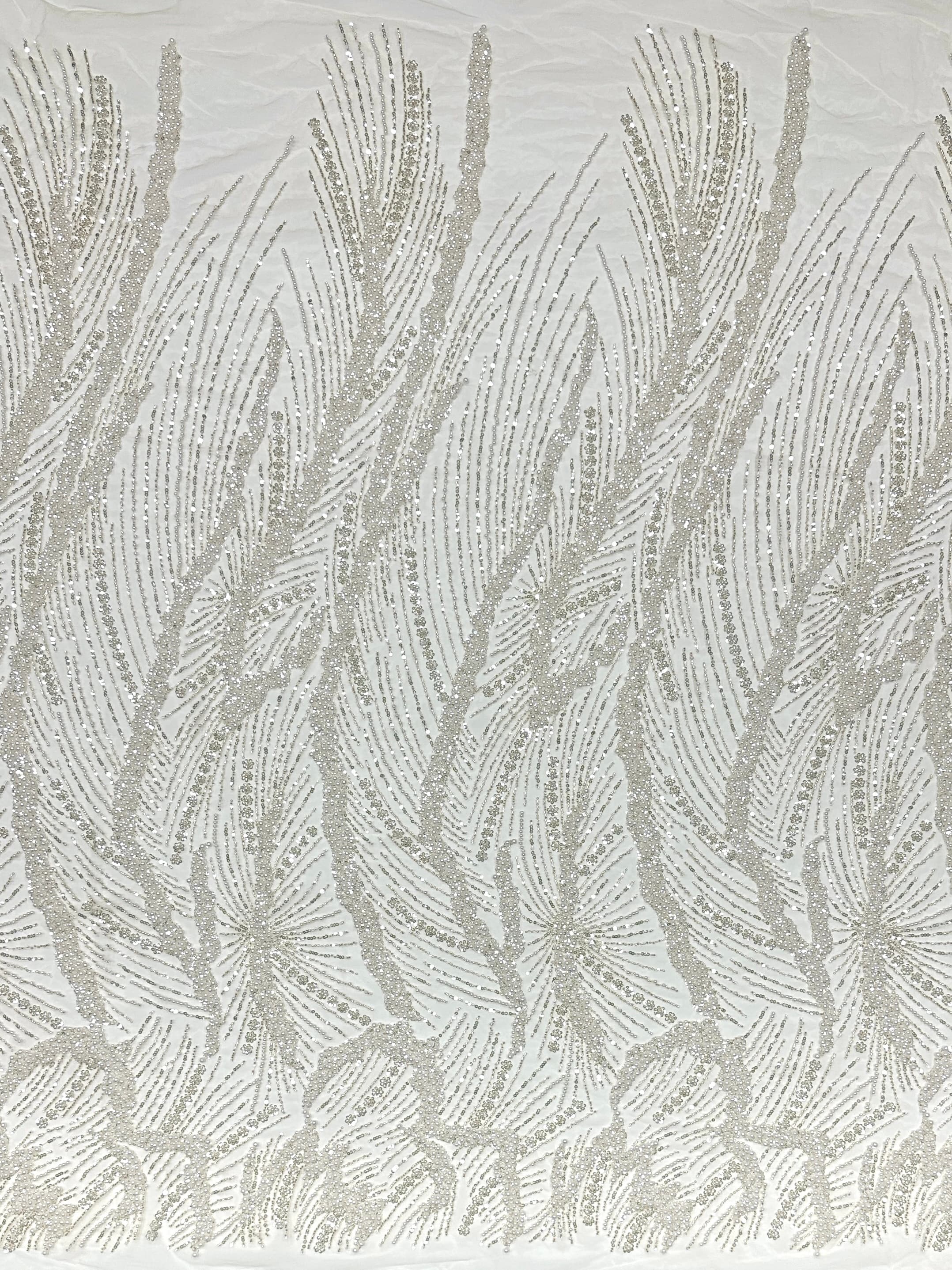 Beaded Pearl Sequined Leaf Vine Embroidered Lace Fabric Allover Tulle Lace for Evening Dresses Wedding Dresses BLS6553#