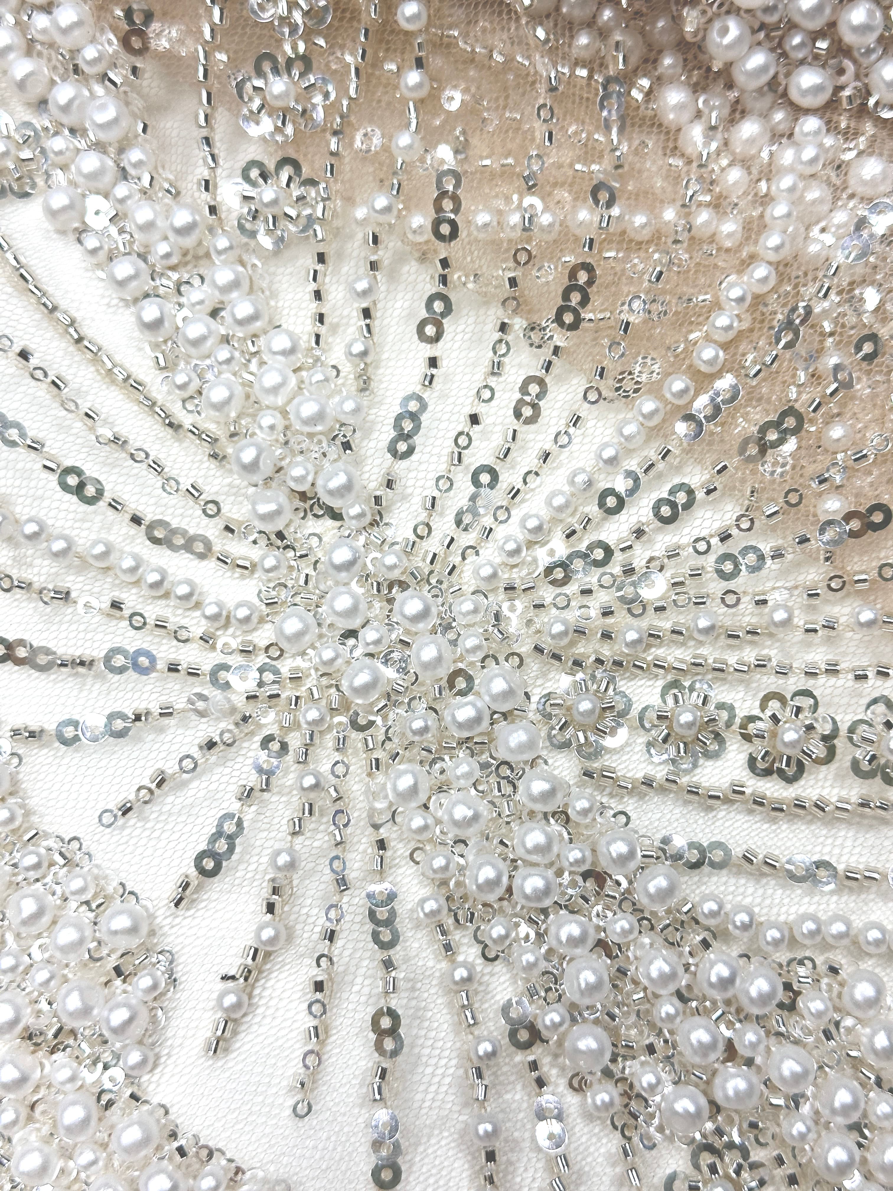 Beaded Pearl Sequined Leaf Vine Embroidered Lace Fabric Allover Tulle Lace for Evening Dresses Wedding Dresses BLS6553#