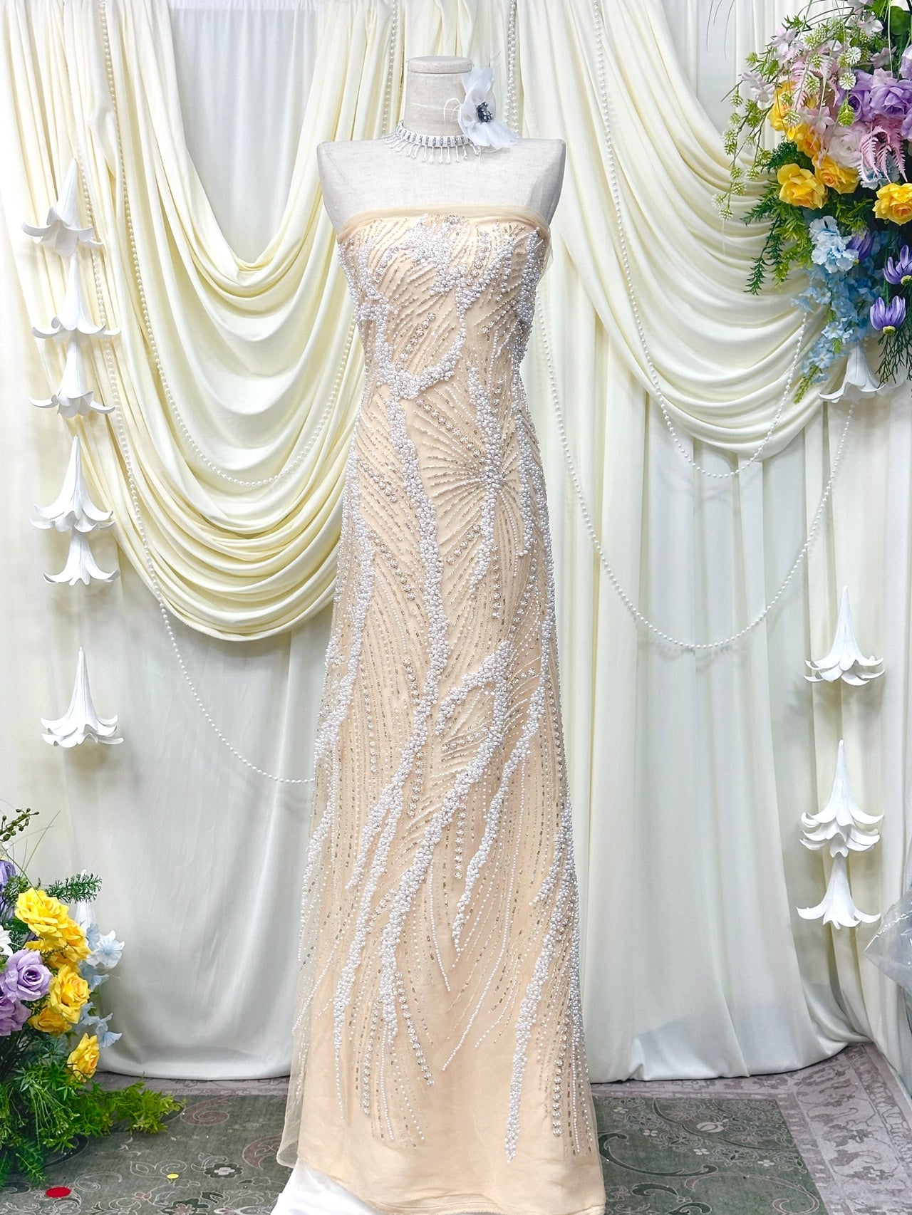 Beaded Pearl Sequined Leaf Vine Embroidered Lace Fabric Allover Tulle Lace for Evening Dresses Wedding Dresses BLS6553#
