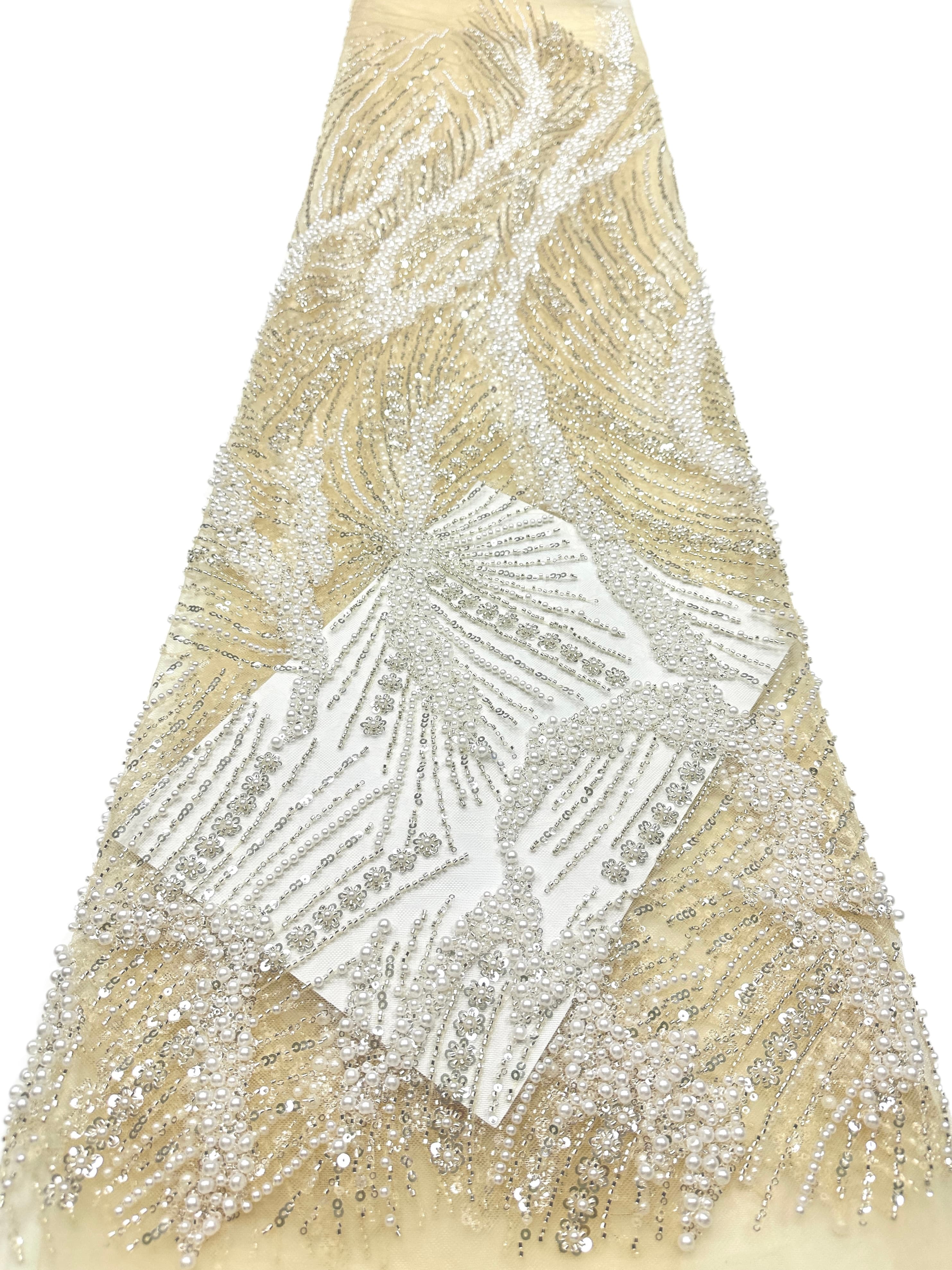 Beaded Pearl Sequined Leaf Vine Embroidered Lace Fabric Allover Tulle Lace for Evening Dresses Wedding Dresses BLS6553#