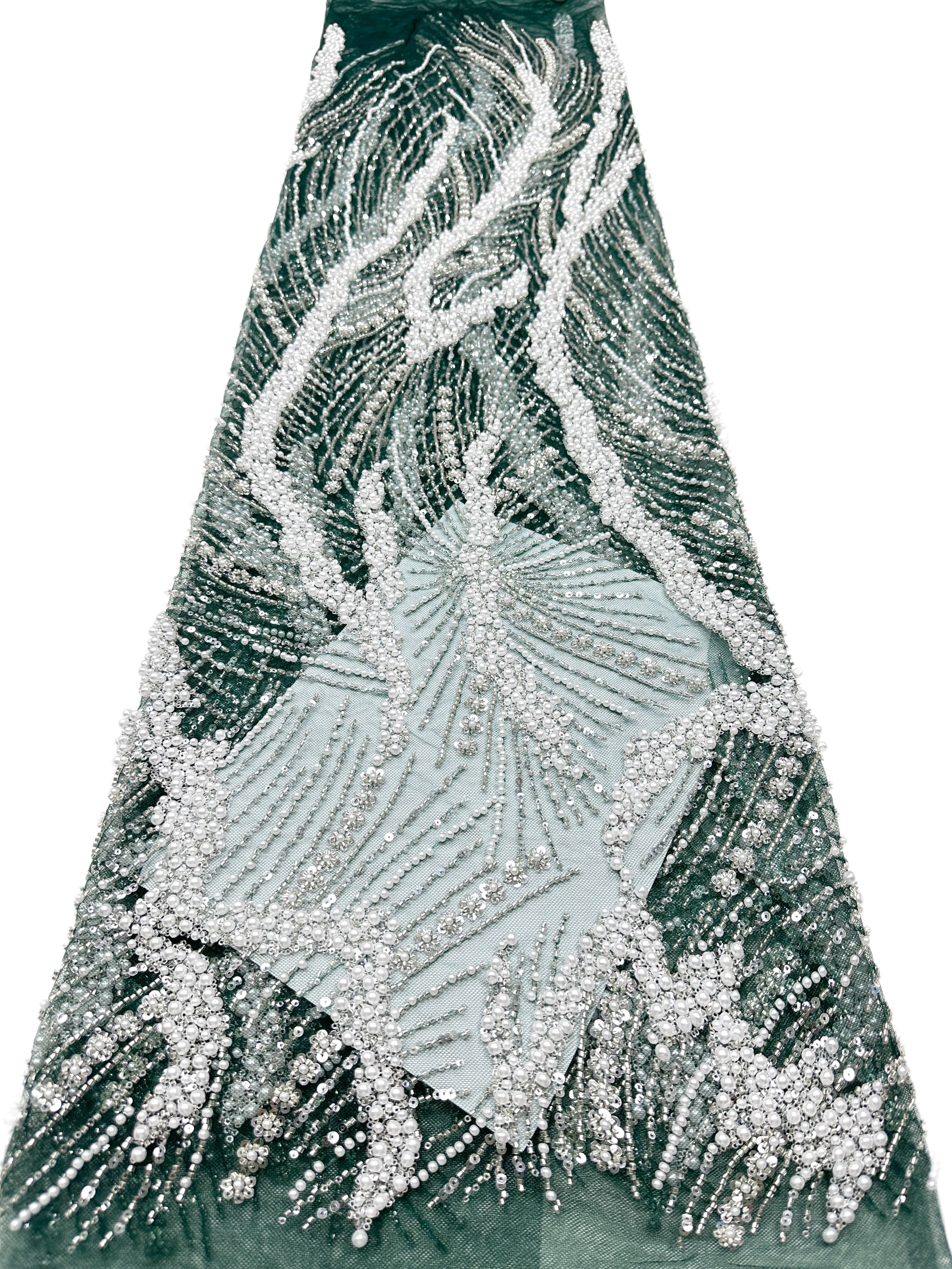 Beaded Pearl Sequined Leaf Vine Embroidered Lace Fabric Allover Tulle Lace for Evening Dresses Wedding Dresses BLS6553#
