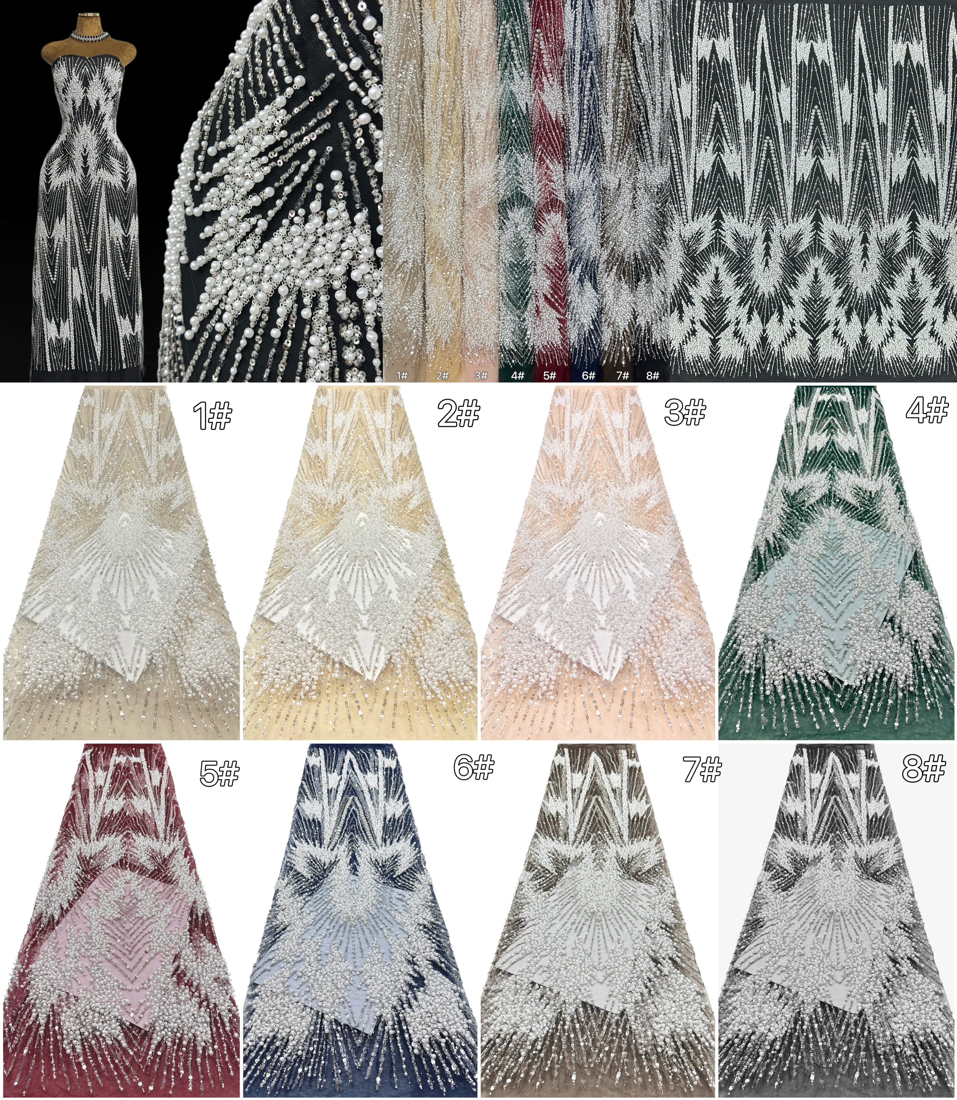 Heavy Beaded Pearl Sequined Geometric Embroidered Lace Fabric Allover Tulle Lace for Evening Dresses Wedding Dresses BLS6554#