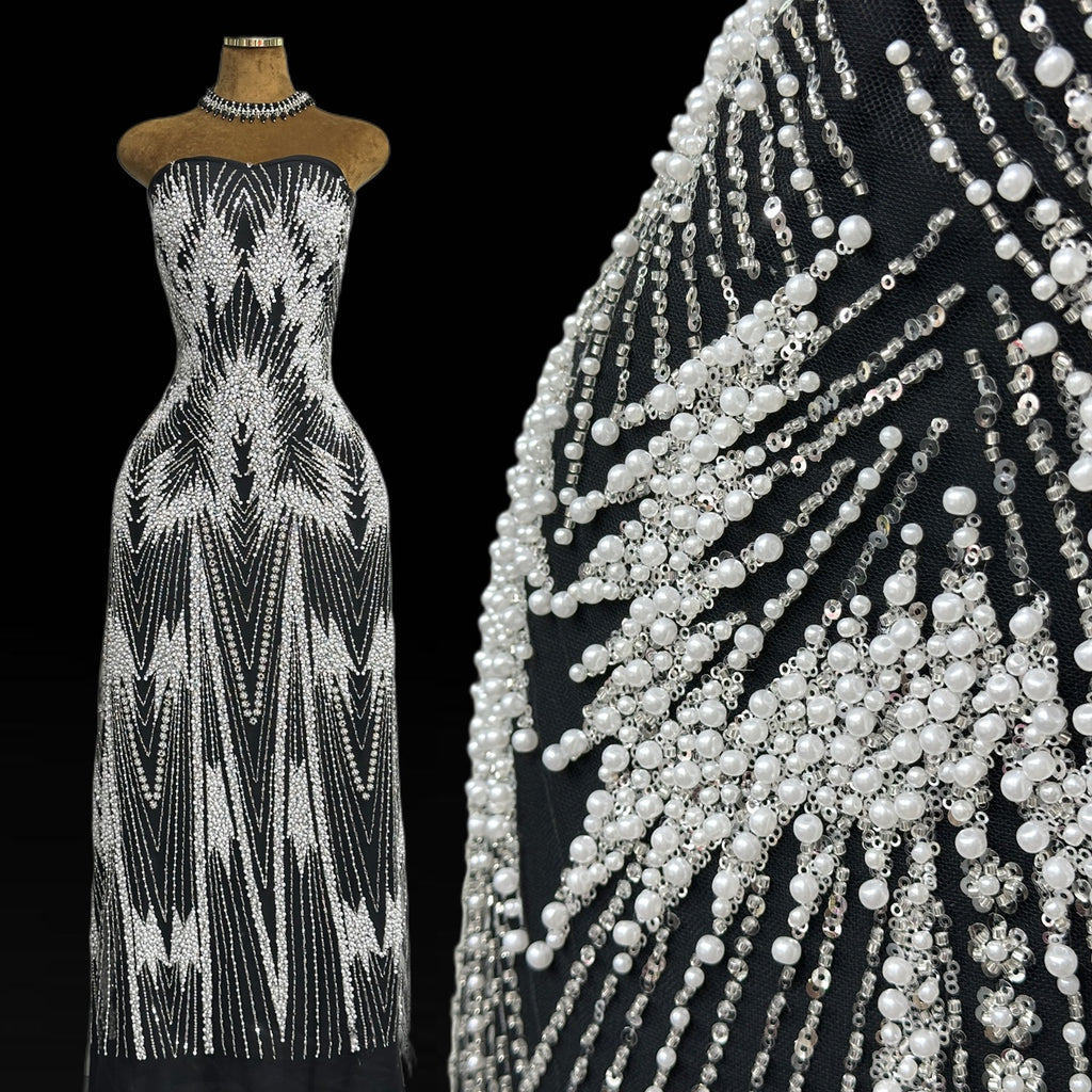Heavy Beaded Pearl Sequined Geometric Embroidered Lace Fabric Allover Tulle Lace for Evening Dresses Wedding Dresses BLS6554#