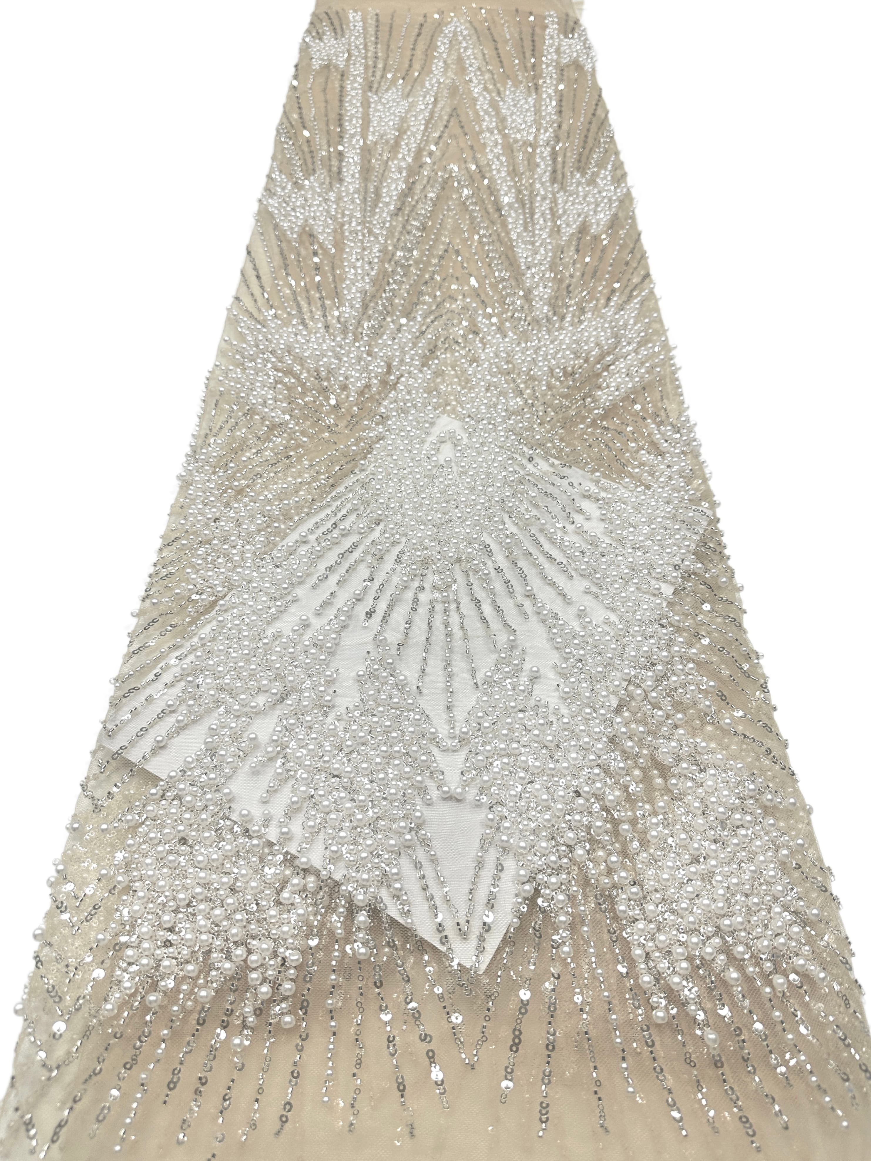 Heavy Beaded Pearl Sequined Geometric Embroidered Lace Fabric Allover Tulle Lace for Evening Dresses Wedding Dresses BLS6554#