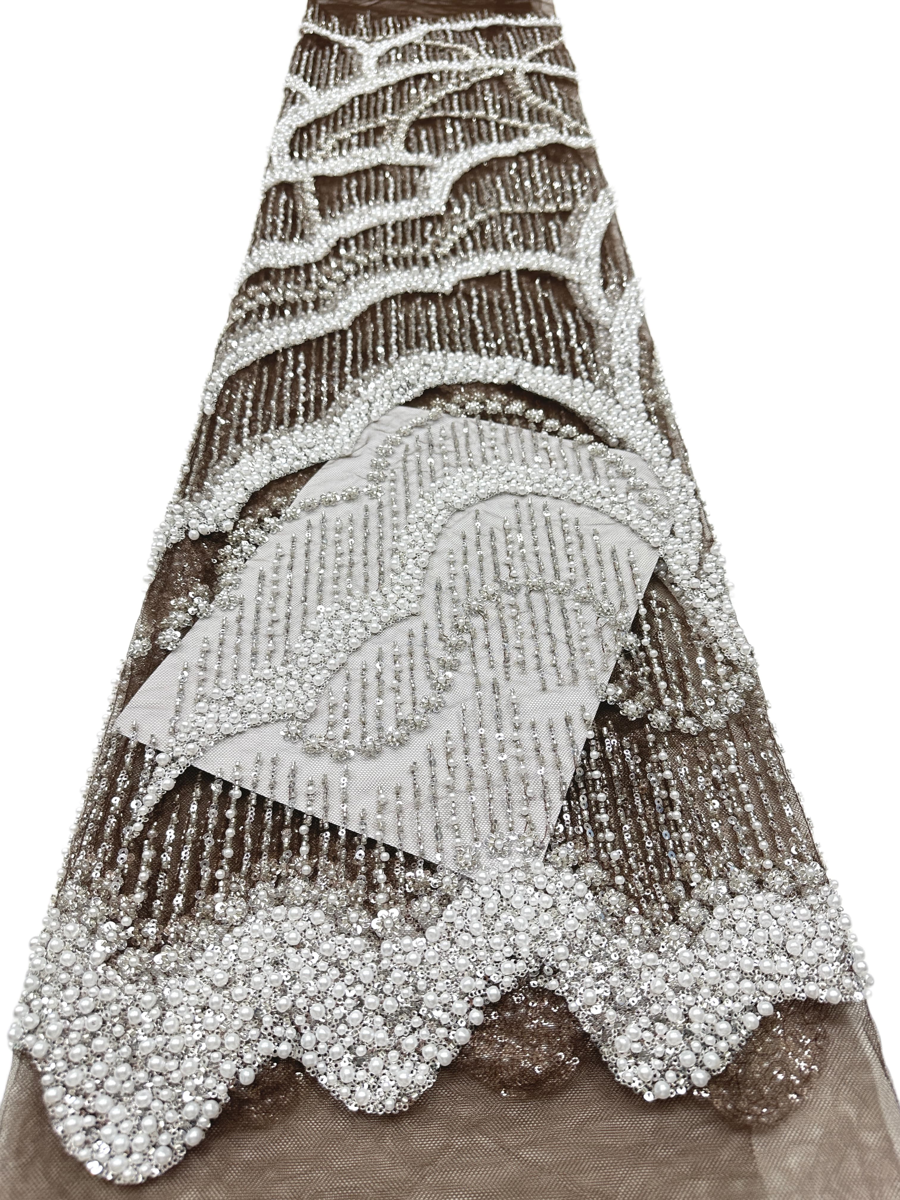 Sequined and Beaded Lace Fabric Pearl Beaded Wave Pattern Scalloped Edge Embroidered Tulle Lace for Evening Bridal Dresses BLS6555#