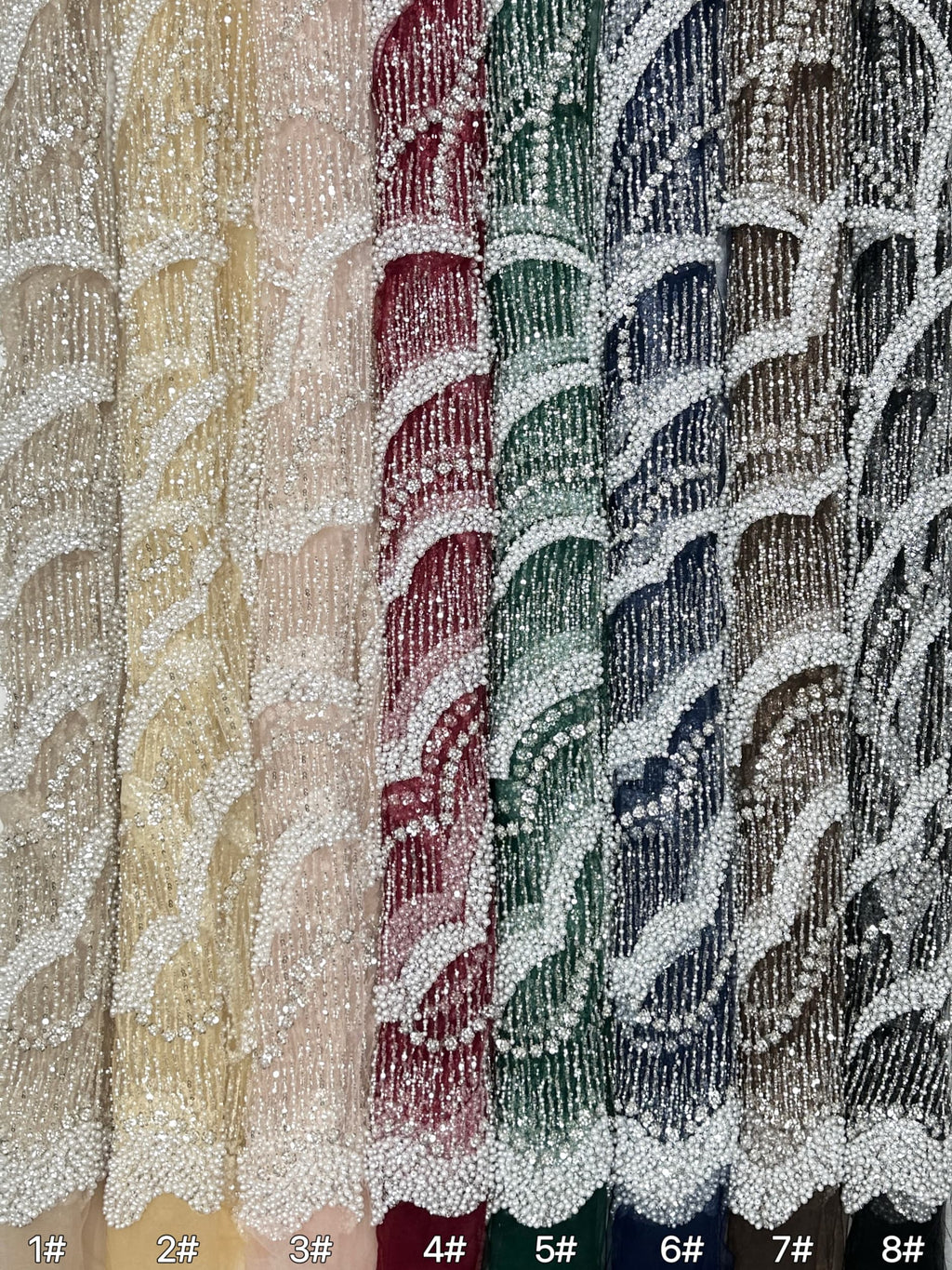 Sequined and Beaded Lace Fabric Pearl Beaded Wave Pattern Scalloped Edge Embroidered Tulle Lace for Evening Bridal Dresses BLS6555#