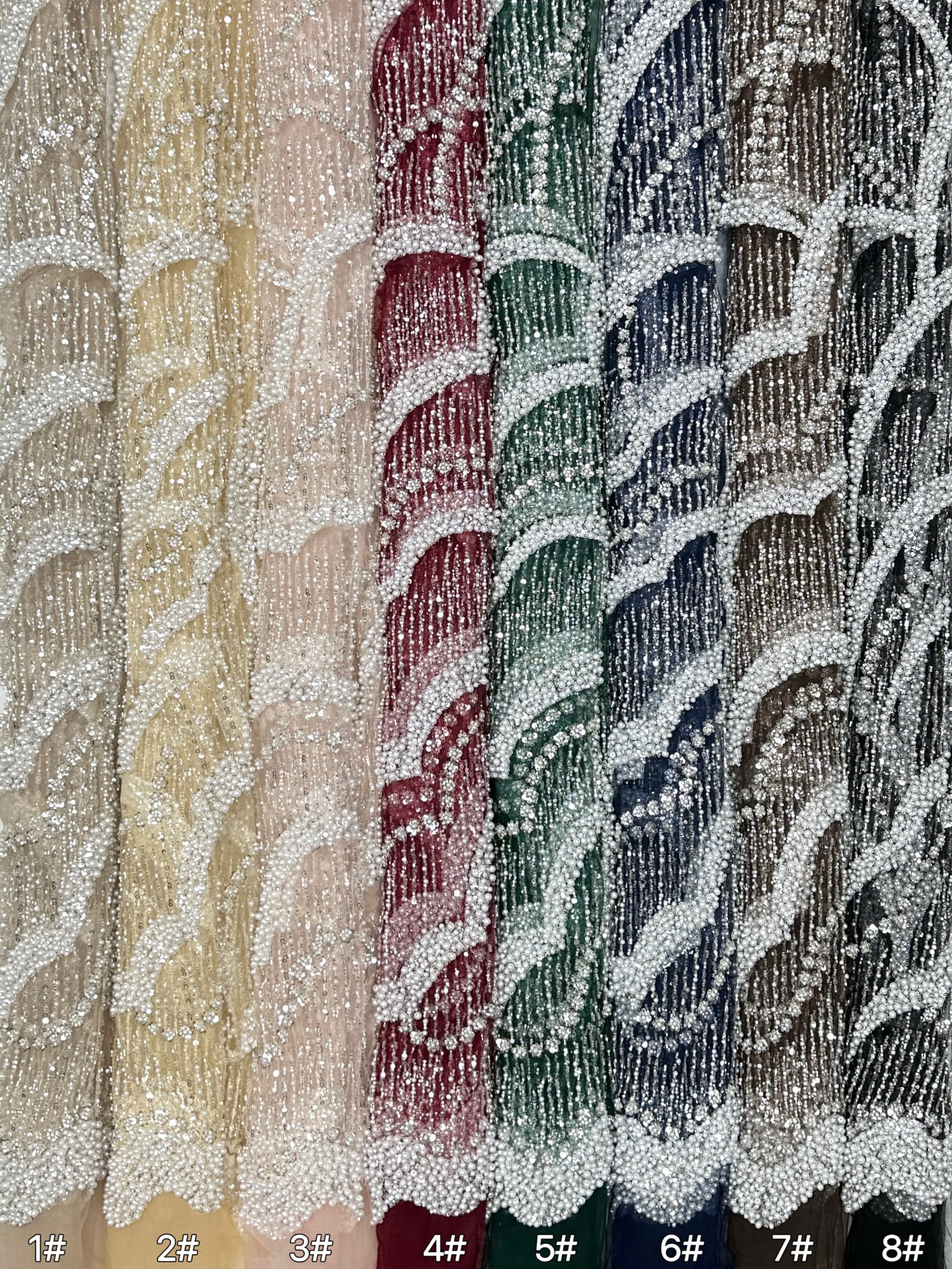 Sequined and Beaded Lace Fabric Pearl Beaded Wave Pattern Scalloped Edge Embroidered Tulle Lace for Evening Bridal Dresses BLS6555#
