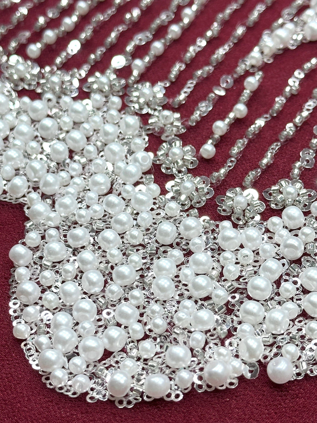 Sequined and Beaded Lace Fabric Pearl Beaded Wave Pattern Scalloped Edge Embroidered Tulle Lace for Evening Bridal Dresses BLS6555#