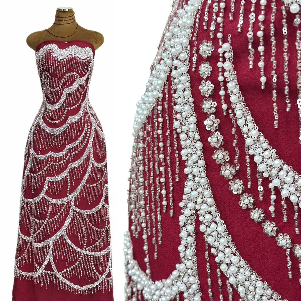 Sequined and Beaded Lace Fabric Pearl Beaded Wave Pattern Scalloped Edge Embroidered Tulle Lace for Evening Bridal Dresses BLS6555#