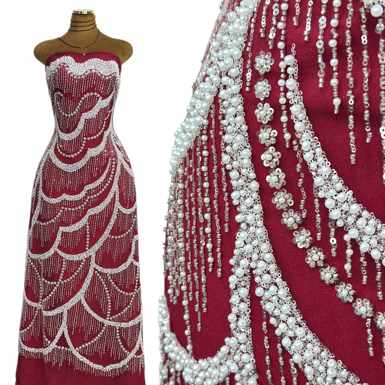 Sequined and Beaded Lace Fabric Pearl Beaded Wave Pattern Scalloped Edge Embroidered Tulle Lace for Evening Bridal Dresses BLS6555#