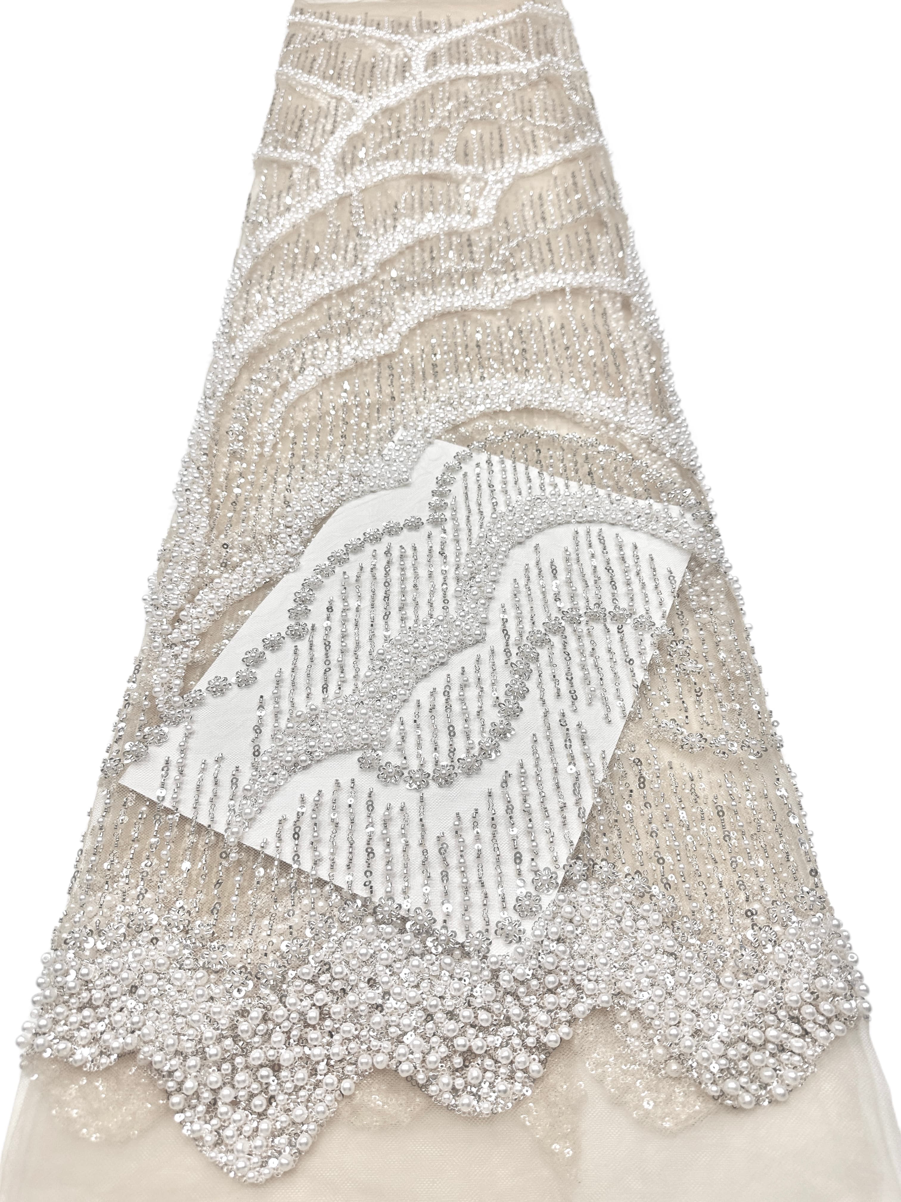 Sequined and Beaded Lace Fabric Pearl Beaded Wave Pattern Scalloped Edge Embroidered Tulle Lace for Evening Bridal Dresses BLS6555#