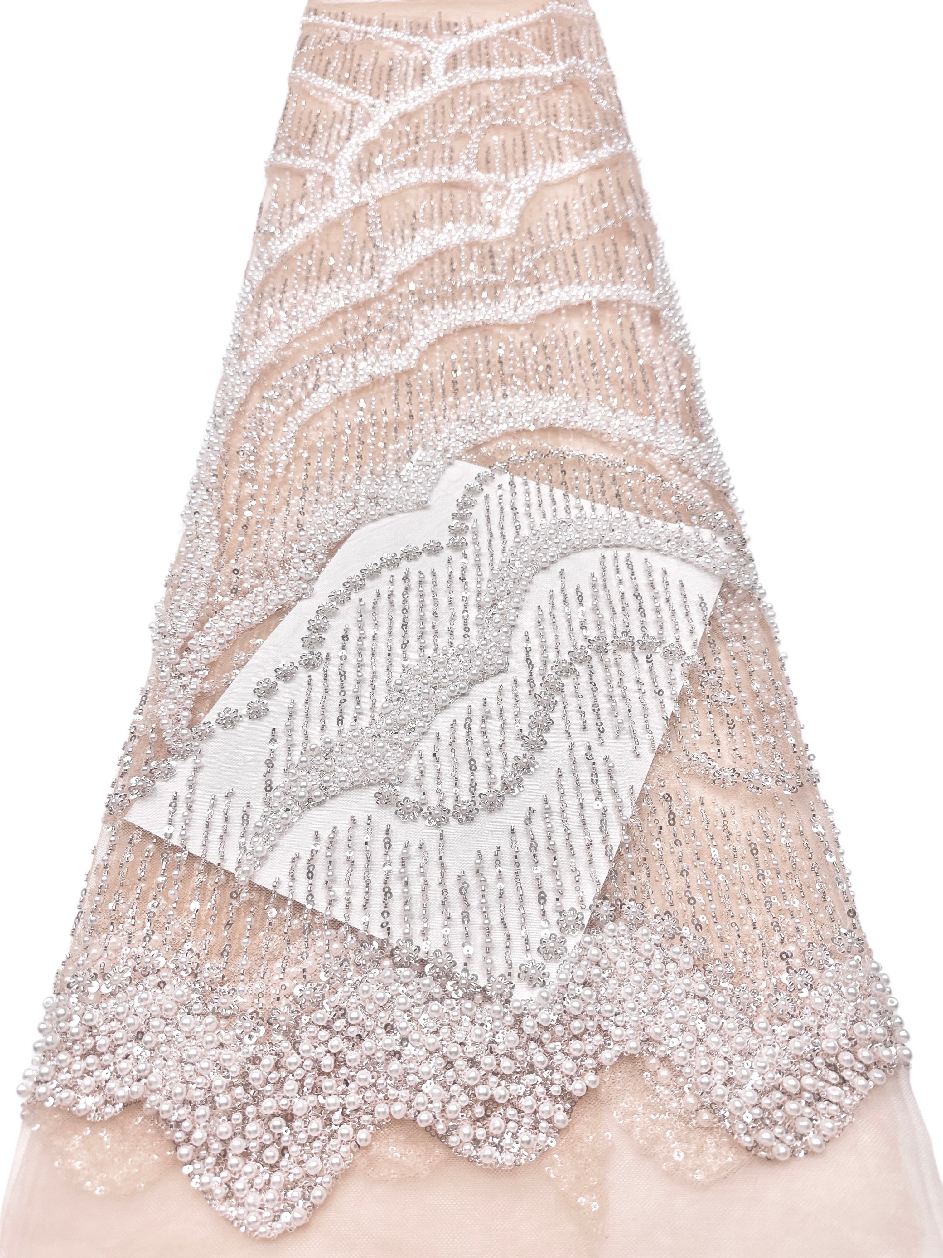 Sequined and Beaded Lace Fabric Pearl Beaded Wave Pattern Scalloped Edge Embroidered Tulle Lace for Evening Bridal Dresses BLS6555#