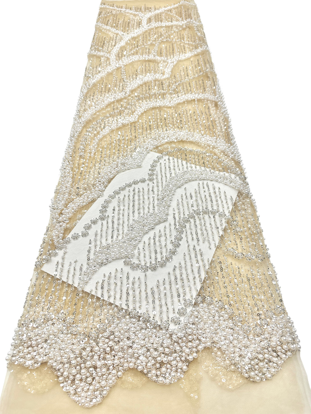 Sequined and Beaded Lace Fabric Pearl Beaded Wave Pattern Scalloped Edge Embroidered Tulle Lace for Evening Bridal Dresses BLS6555#