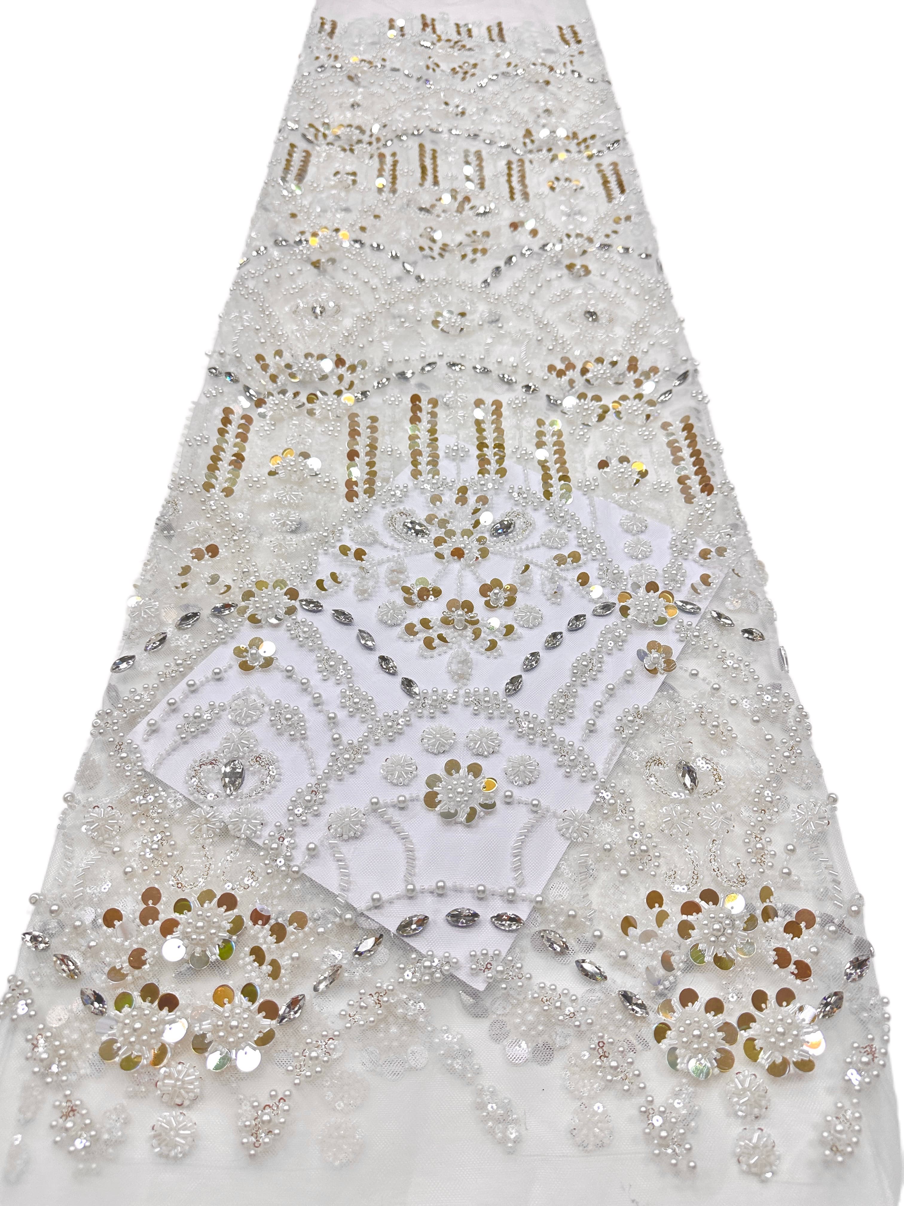 Heavy Sequined and Beaded Lace Fabric Pearl Beaded Floral Rhinestone Embroidered Tulle Lace for Evening Bridal Dresses BLS6556#