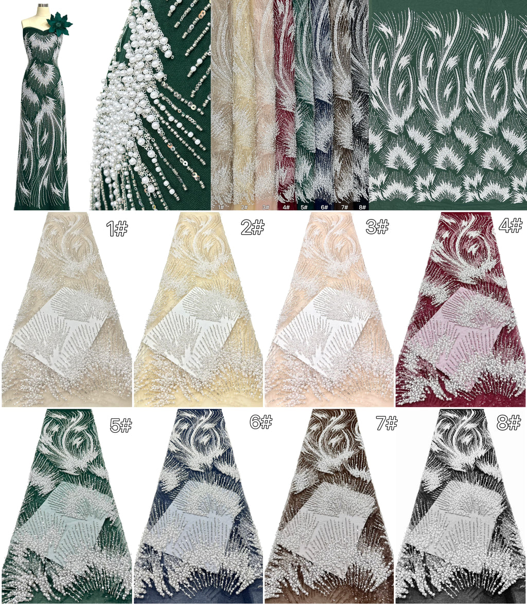 Heavy Pearl Beaded Lace Fabric Sequined Botanical Mesh Lace Fabric for Wedding Dresses Evening Gowns BLS6557#