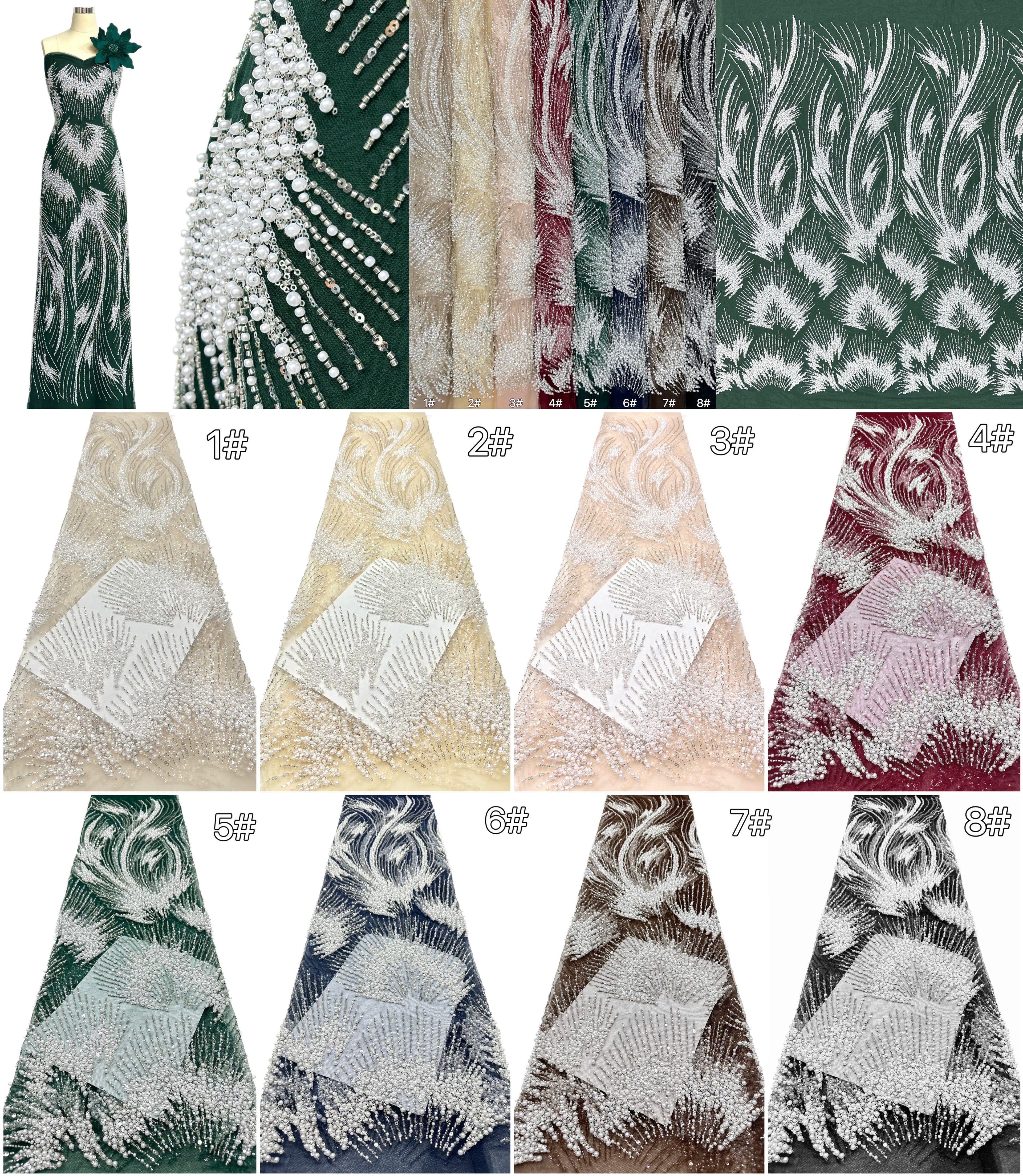 Heavy Pearl Beaded Lace Fabric Sequined Botanical Mesh Lace Fabric for Wedding Dresses Evening Gowns BLS6557#