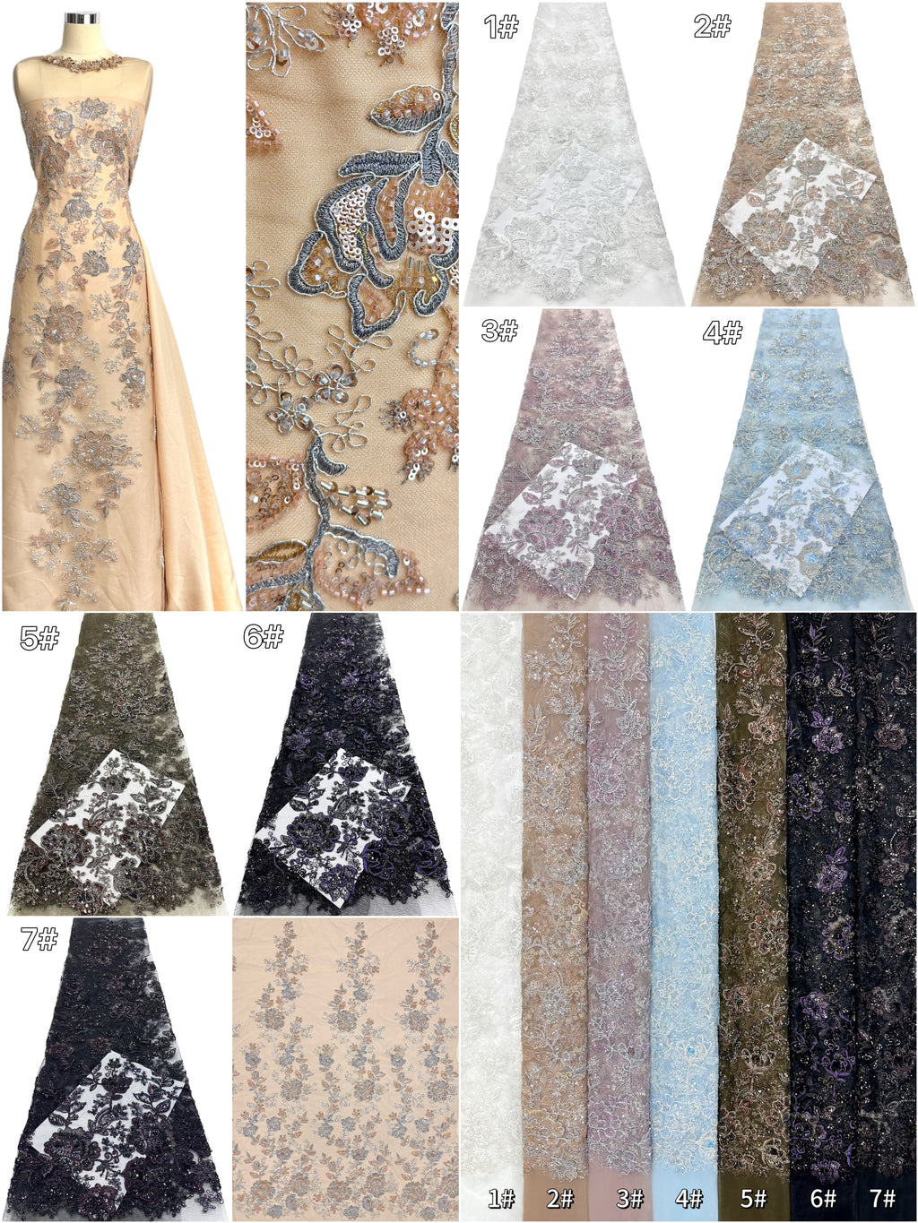 Beaded Sequined Floral Embroidered Lace Fabric for Bridal Gowns Wedding Dress Decoration BLS6559#