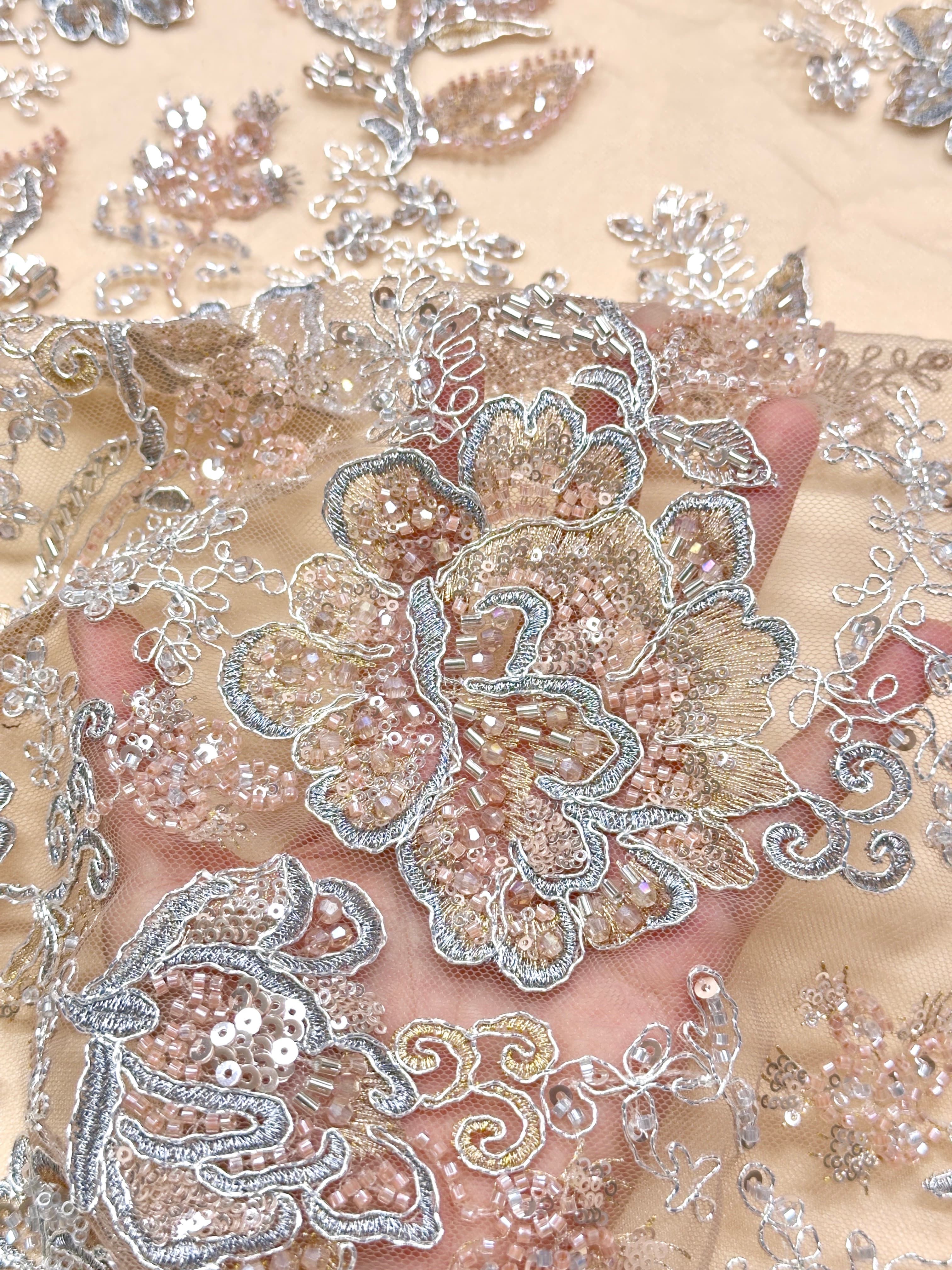 Beaded Sequined Floral Embroidered Lace Fabric for Bridal Gowns Wedding Dress Decoration BLS6559#